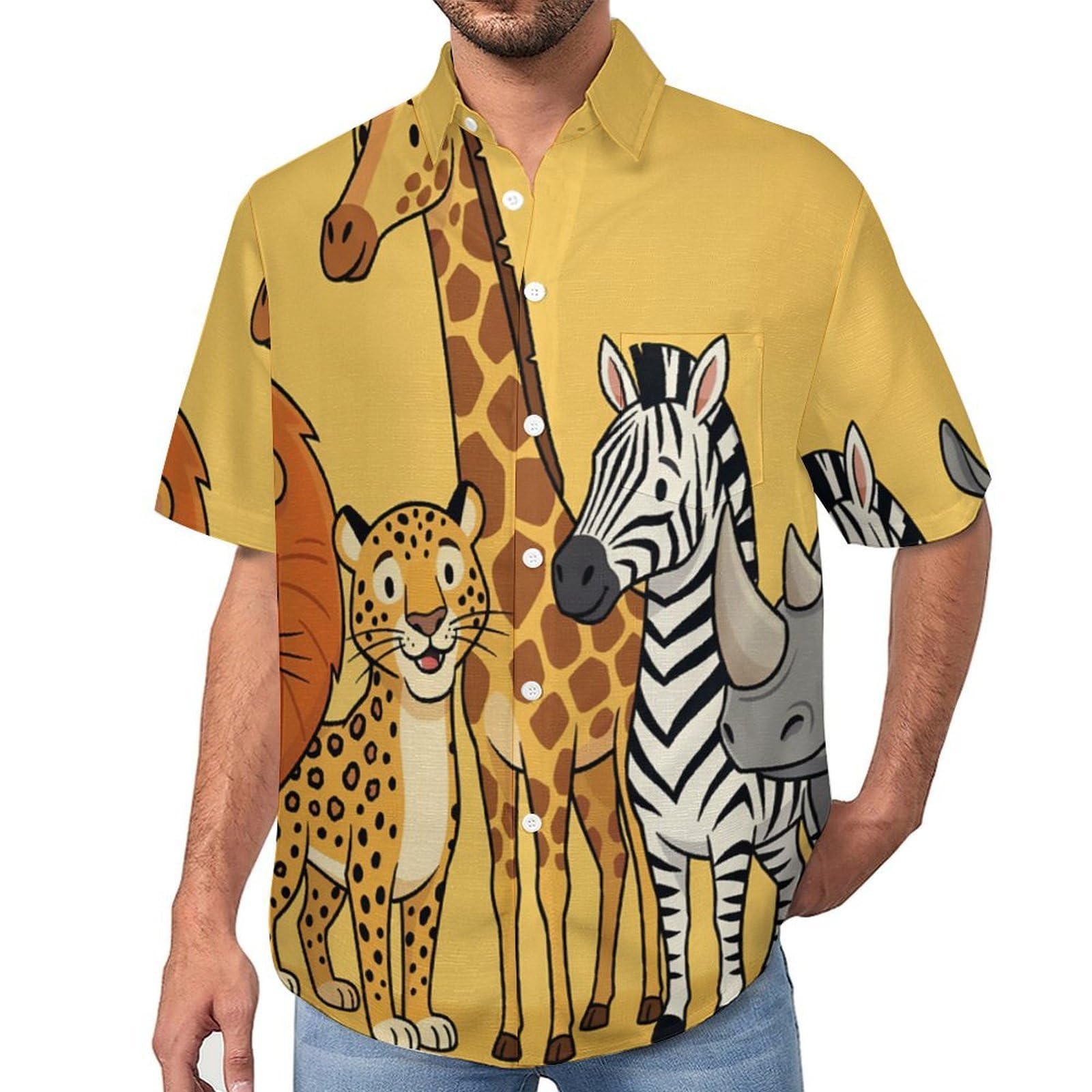 Camicie da Uomo a Maniche Corte con Stampa della Animali dello Zoo Cartoni Animati, Casual Leggere Bottoni Camicia con Tasca Frontale, per Vacanze Spiaggia Estate