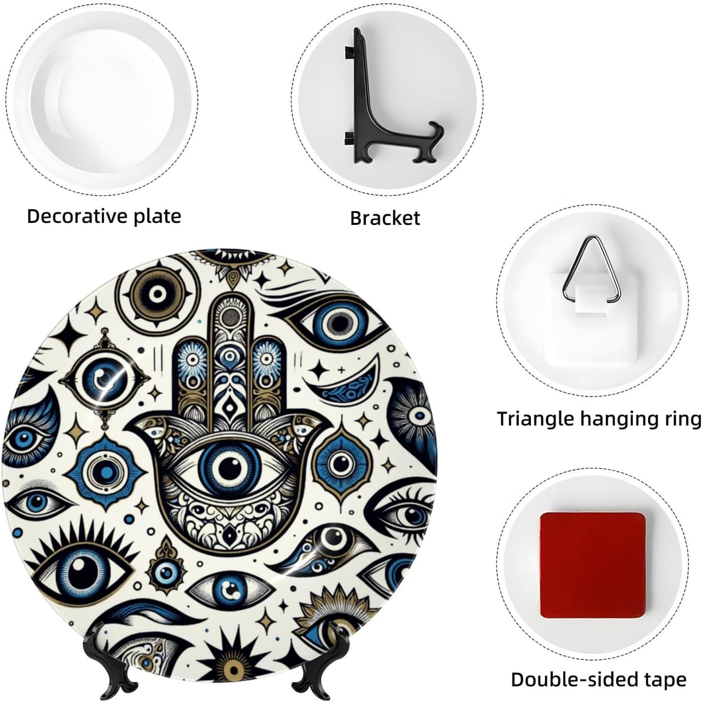 Blue-Evil-Eye 10 Inch Decorative Plate With Stand, Elegant Display Wall Plate For Home Decor