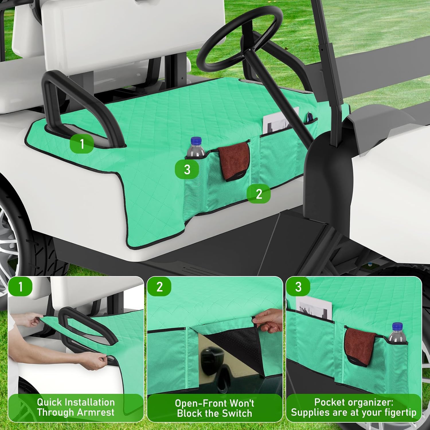 Kaskawise Golf Cart Seat Covers,Universal Golf Cart Seat Towel Blanket with 4 Front Pockets & Nonskid Bottom Fits for EZGO, Yamaha, Club Car DS Precedent and More 2 Person Seats Golf Carts (Green)