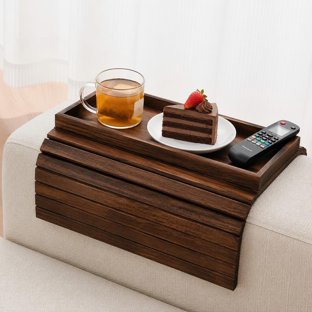 Bamboo Couch Arm Tray Table, Large Sofa Armrest Tray with Raised Edges, Anti-Slip Foldable Couch Cup Holder, Armrest Organizer for Drinks, Snacks, Remote, Space Saving Side Table (Dark Brown Finish)