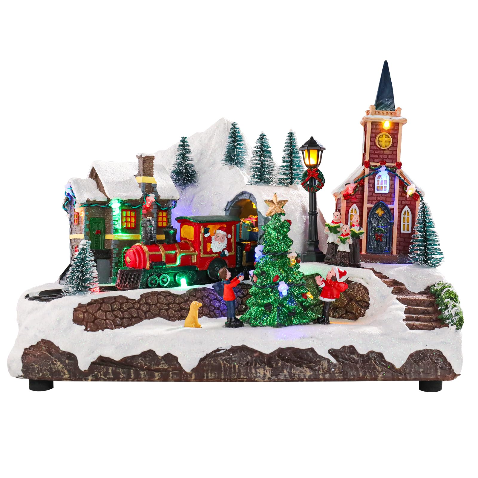 DREAM GARDEN Christmas Village Buildings Decoration, Christmas Collectible Buildings Musical Christmas Village Santa Claus on Train with LED Lights & 8 Music Christmas Animated Decorations