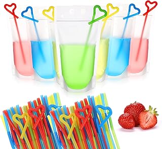 200pcs Clear Drink Pouches with 200 Straws – 16oz Reusable, Leak-Proof P...