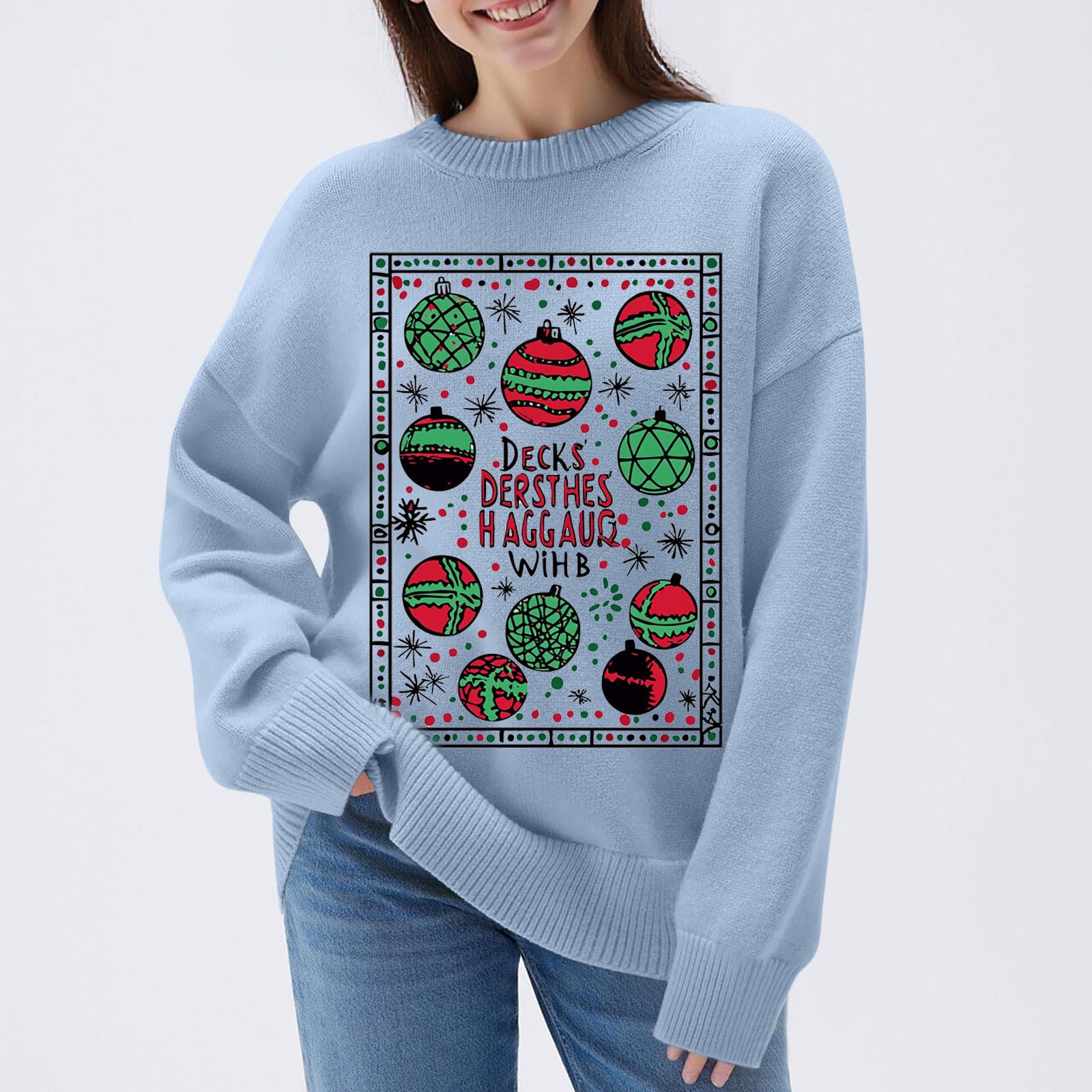 Suéteres de Navidad para mujer, suéteres de manga larga para otoño e invierno, suéteres de Navidad para mujer, punto acanalado, cuello redondo, casual, suelto, talla grande, sudaderas divertidas con