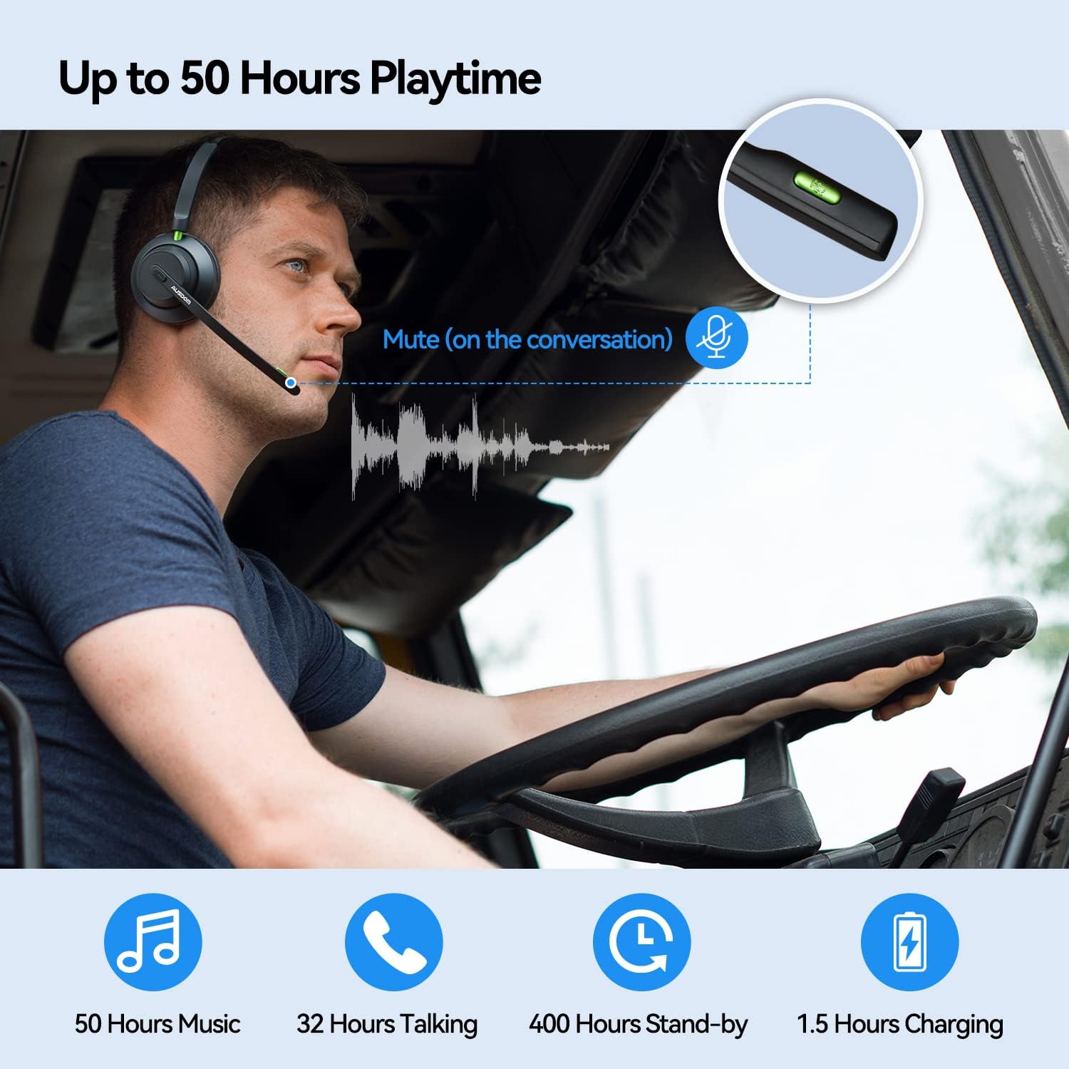 Man driving a truck while using the headset, with battery life indicators