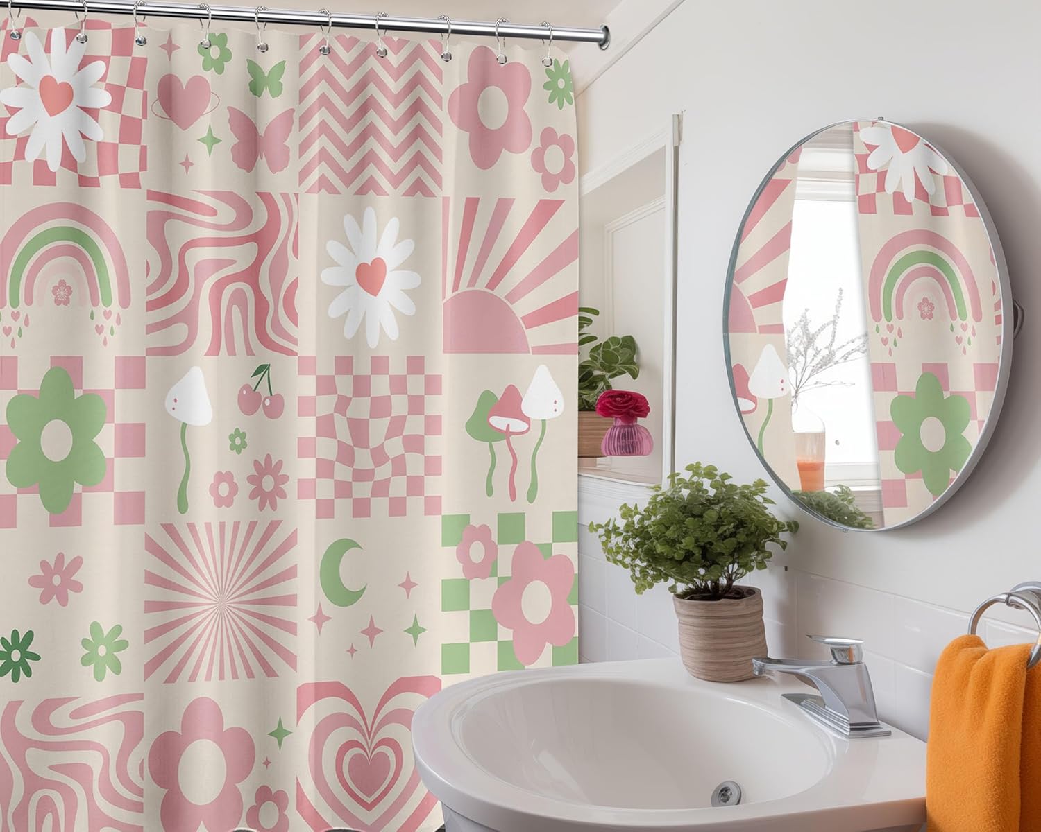 Cute Pink Shower Curtain Y2k Groovy Preppy Girls Checkered Bathroom Decor, Waterproof Cloth Fabric with Hooks 70" W x 84" L