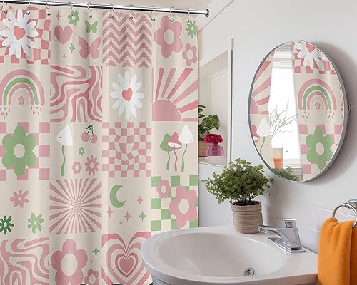 Miniatura 4 de Bonita cortina de ducha rosa Y2k Preppy Kawaii para niñas, decoración de baño a cuadros, tela impermeable con ganchos, 70 pulgadas de ancho x 72