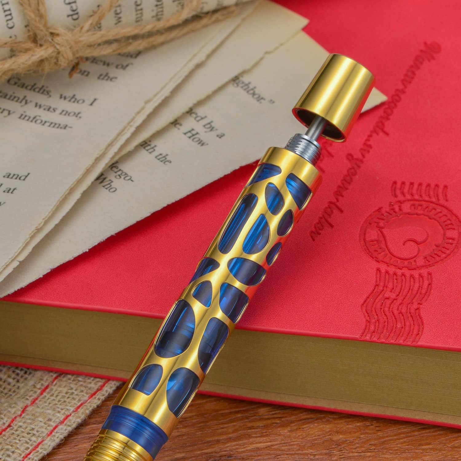 Asvine V169 Vacuum Filling Fountain Pen Extra Fine Nib, Water Drop Skeleton Gold Trim Transparent Blue Acrylic Pen Case Set