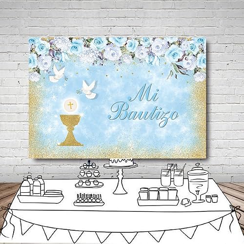 Miniatura 4 de MEHOFOND Mi Bautizo - Telón de fondo de fotografía para fiesta de bautizo para niños, decoración de pancarta dorada con diseño floral azul y blanco,