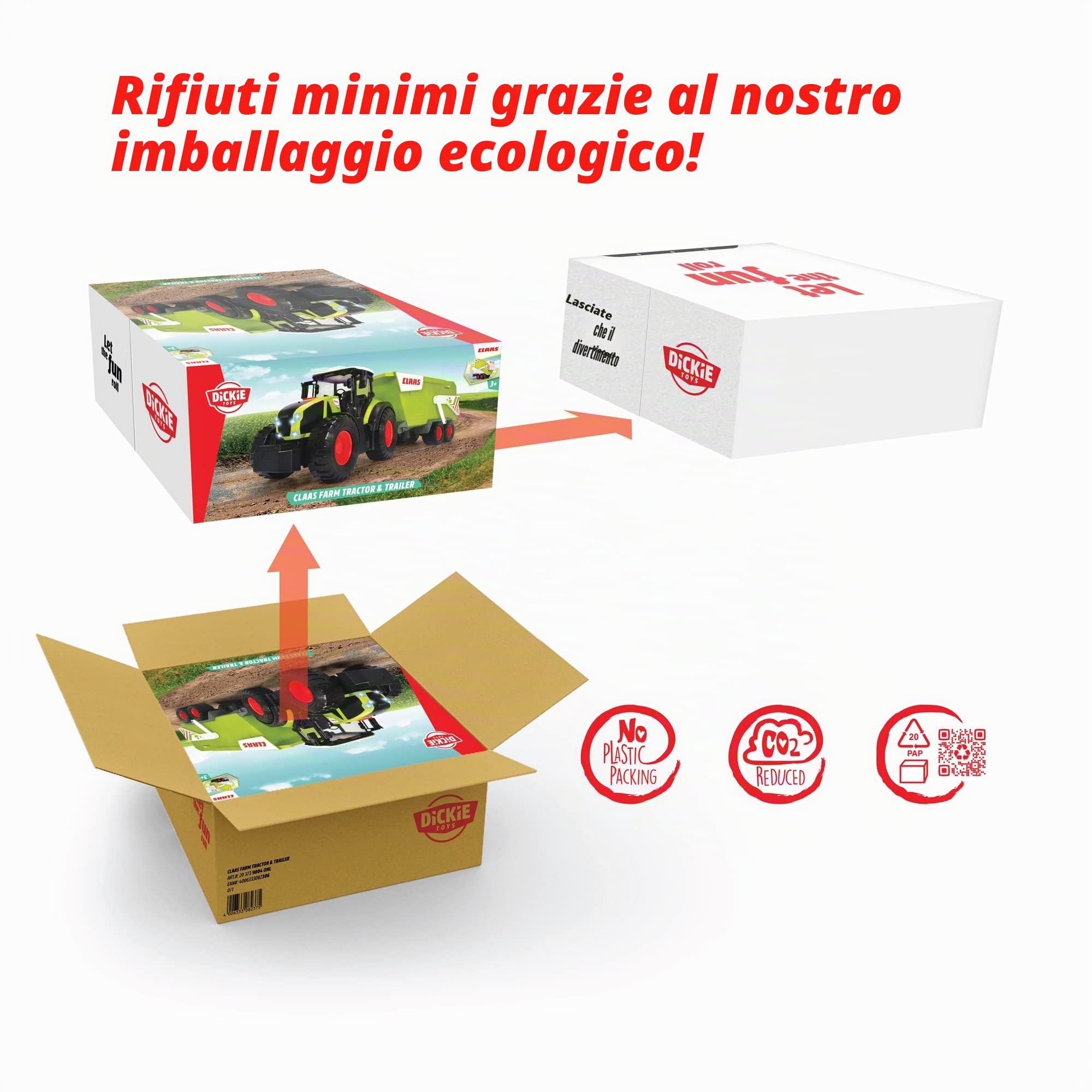 Dickie Toys - CLAAS trattore con rimorchio (64 cm) - Grande giocattolo con meccanismo a ruota libera per bambini dai 3 anni in su, veicolo da fattoria con luce e suono e molte funzioni, 203739004ONL