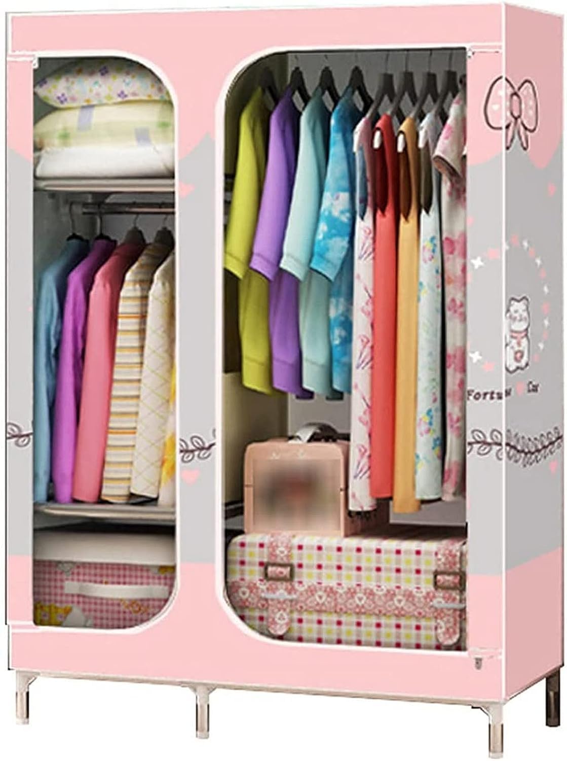 Generisch Tragbarer Kleiderschrank, Stoff-Kleiderschrank, 2-türiger Kleiderschrank, Schlafzimmer-Montage-Kleiderschrank, offener Eck-Kleiderschrank, Metallhalterung, stabile Kleiderschrank-T