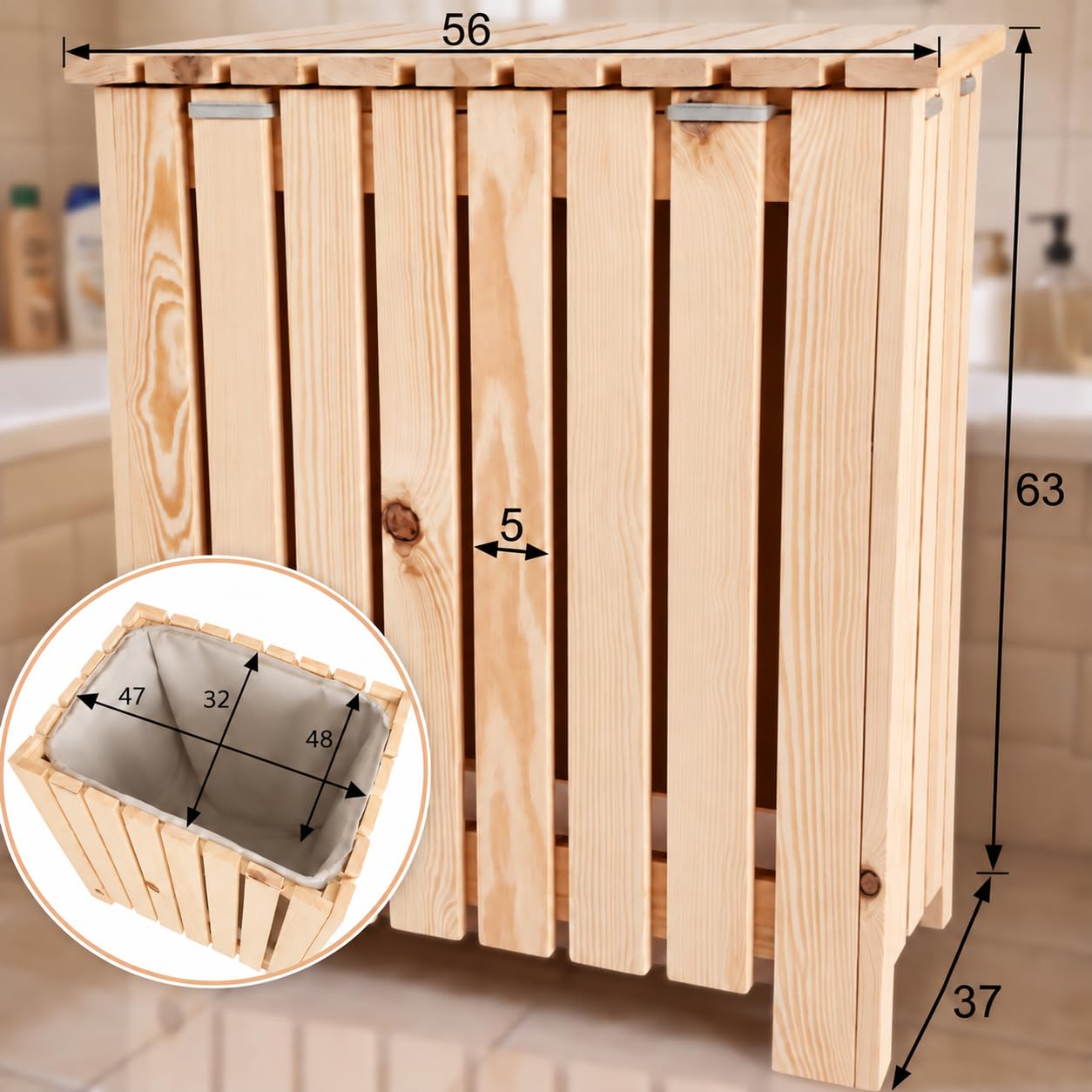 VELORA H&L Coffre à linge en bois avec couvercle - Panier à linge sale avec sac à linge amovible, bac à linge pour salle de bain, chambre et buanderie