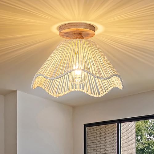 Miniatura 9 de Lámpara colgante de ratán bohemio de 12.5 pulgadas de diámetro de 12.5 pulgadas, montaje empotrado, lámpara colgante tejida para dormitorio,