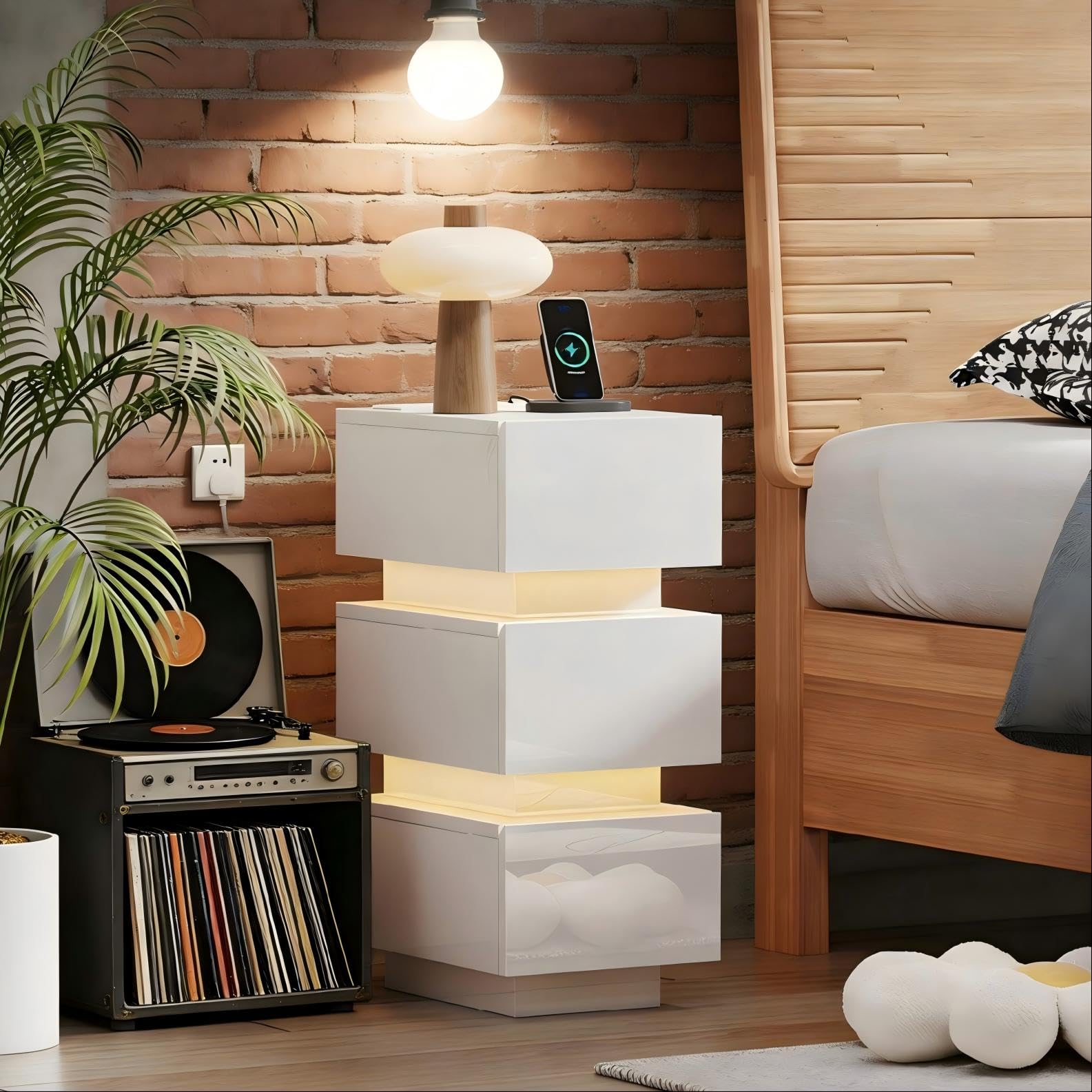 Bedside Table with 3 Storage Drawers, Slim Nightstand Cabinet with Charger Station LED Light for Bedroom, Small Living Room End Table Side Table with Power Outlets and USB Ports, High Gloss White