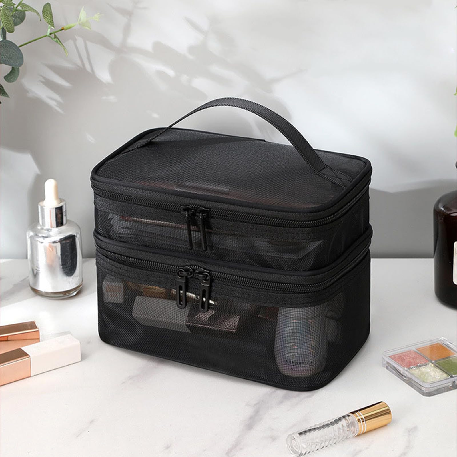 Tosnail Juego de 3 bolsas de malla con cremallera con asa, bolsa de malla negra, bolsa de aseo de viaje, organizador de cosméticos, organizador de cosméticos, organizador de ducha portátil para