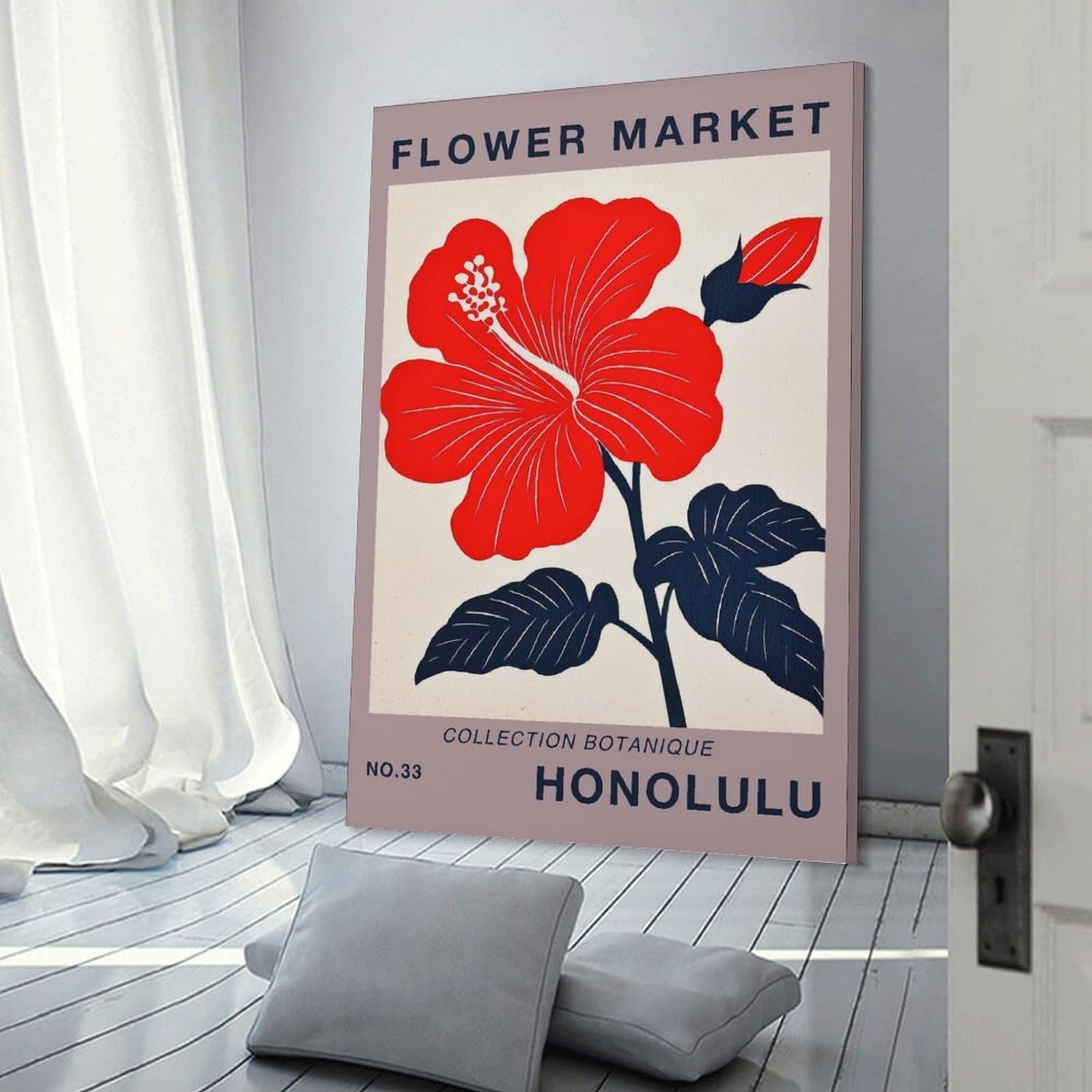 Junmoney Frame-Style-2 Canvas Wall Art Honolulu Flower Market Poster, 20X30inch(50X75cm), For Bedroom, Lounge Or Dressing Area, Canvas Wall Decor For Personal Spaces