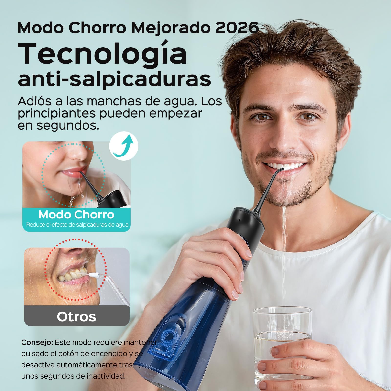 COSLUS Irrigador Dental Bucal Portatil: 4 Modos y 20 Presión - IPX7 Irrigador Bucal Inalámbrico para Salud Bucal Braces Encías Sensibles -Limpieza Dental de Viaje Hogar con 4 Boquillas -Negro Oscuro