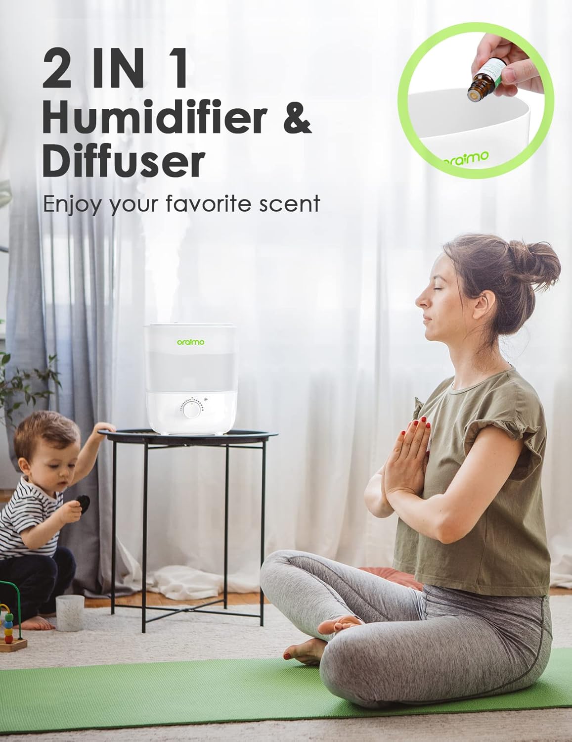 Oraimo OHM-U02 Humidifier functioning as both a humidifier and essential oil diffuser.