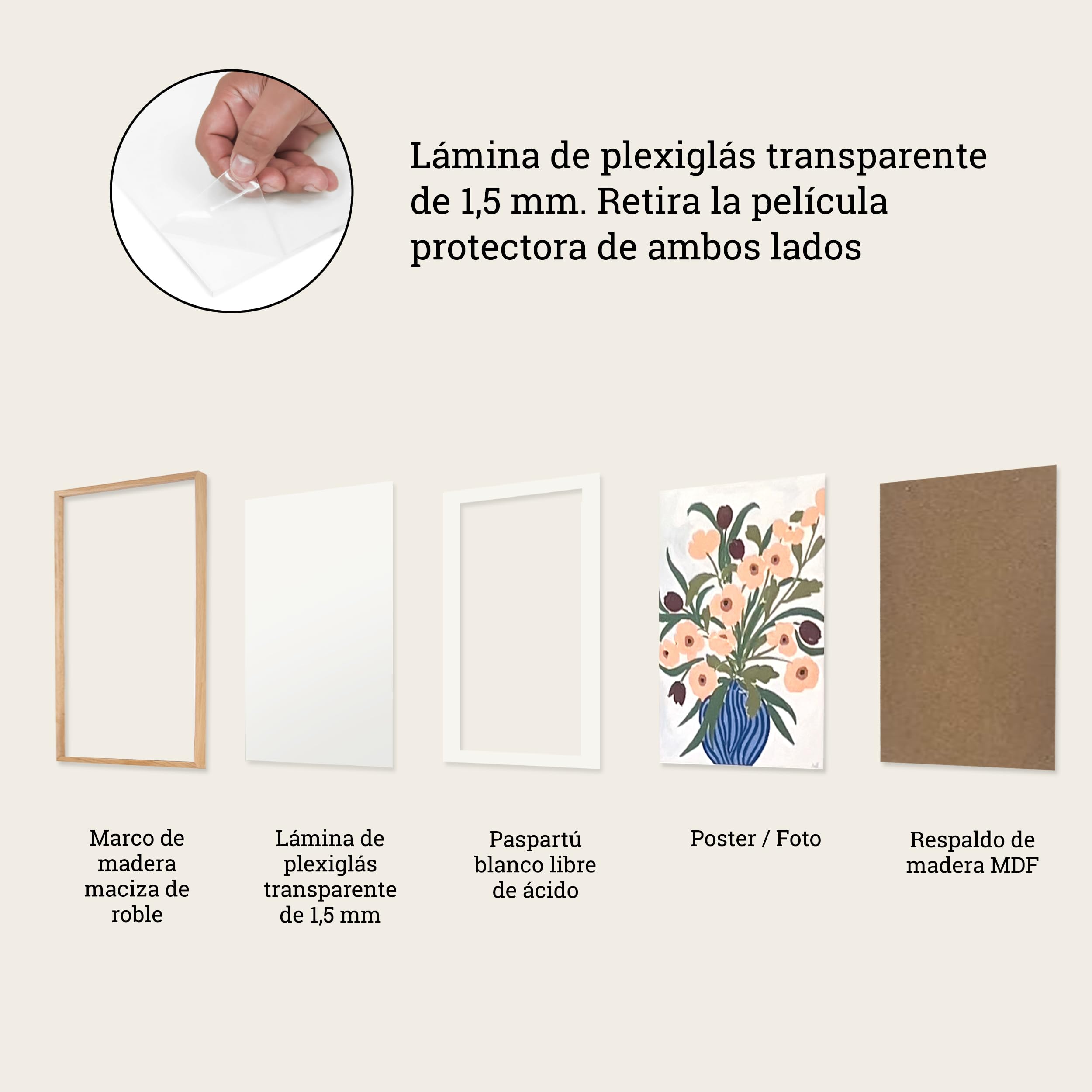 Set de 2 Marco Madera 30x40 Natural con Vidrio Acrílico Antirrayas y Antirroturas - Marco con Passepartout, Roble Macizo FSC para Fotos y Cuadros