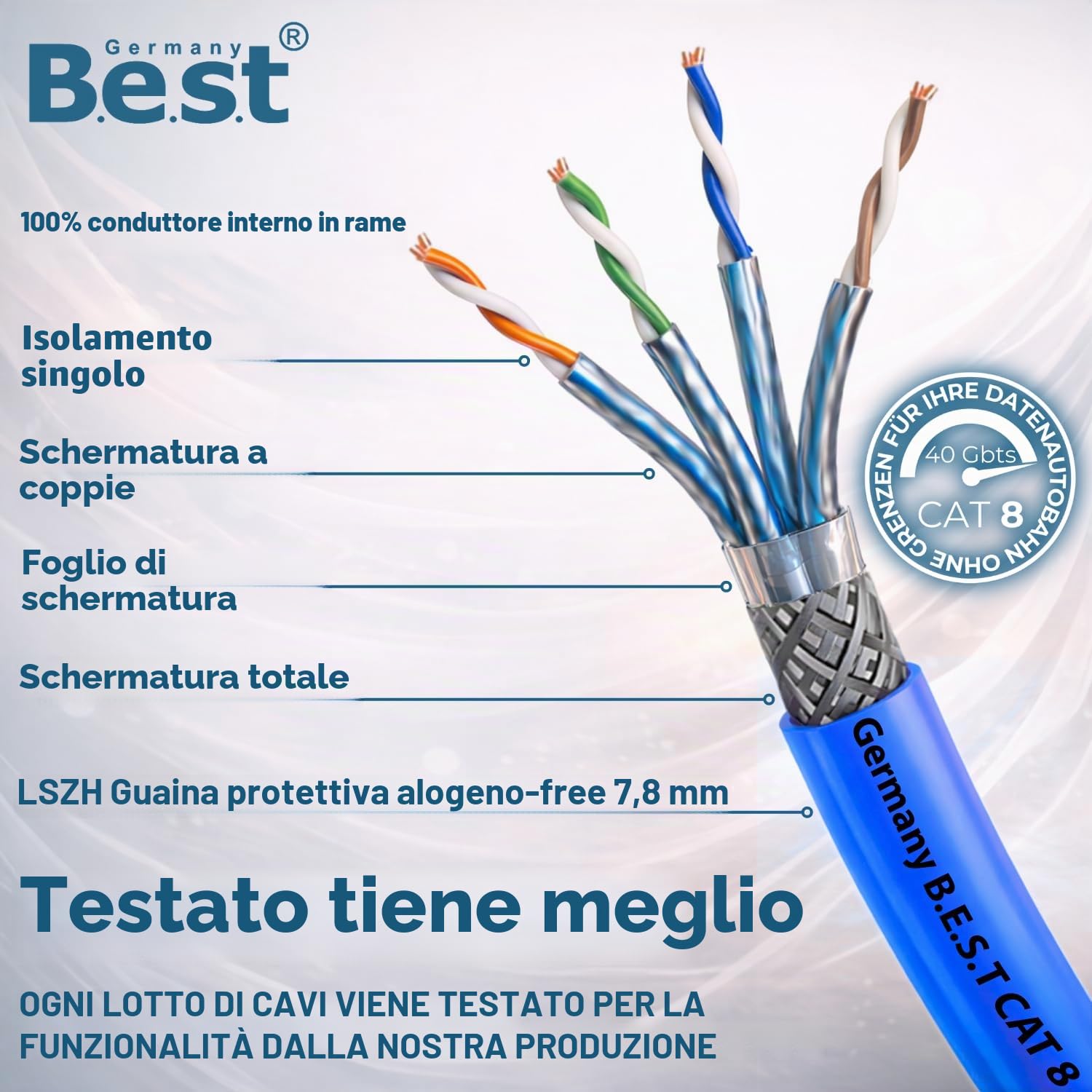 Cavo di rete CAT 8, 100 m, in rame puro, LAN, S/FTP, 40 Gbit | 100% puro rame, cavo di rete LAN, cavo di rete Ethernet, S/FTP, 40 Gbit, PoE++, LSZH, router, switch, pannello patch