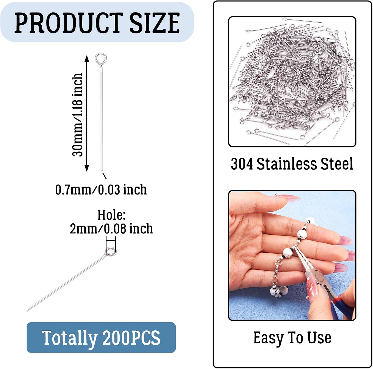 Pandahall 200pcs 21 Gauge 304 Stainless Steel Open Eyepins 1-1/5 Inch (30mm) for DIY Jewelry Making