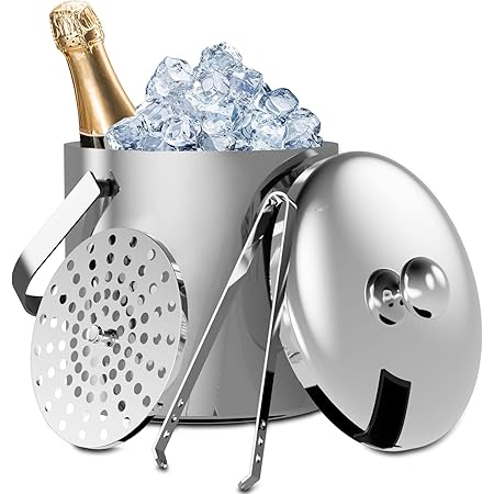 Sunmeyke Double Wall Stainless Steel Insulated Ice Bucket(1.7 Quarts), with Lid Strainer and Tongs, Great for Cocktail Bar and Parties