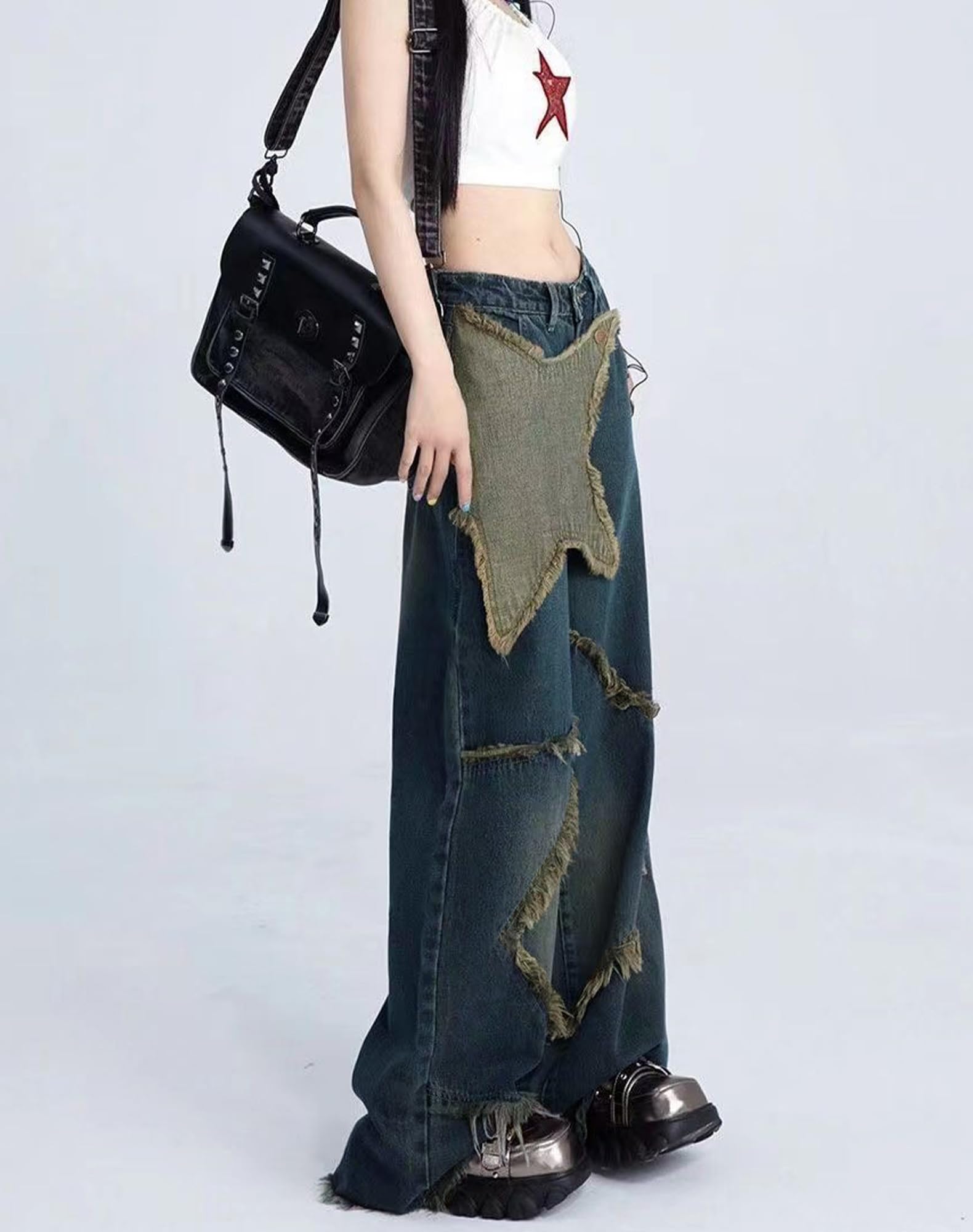 Kisswow Women's High Waist Straight Leg Jeans Cargo Pants Slant Pocket Denim Pants Girls Fashion