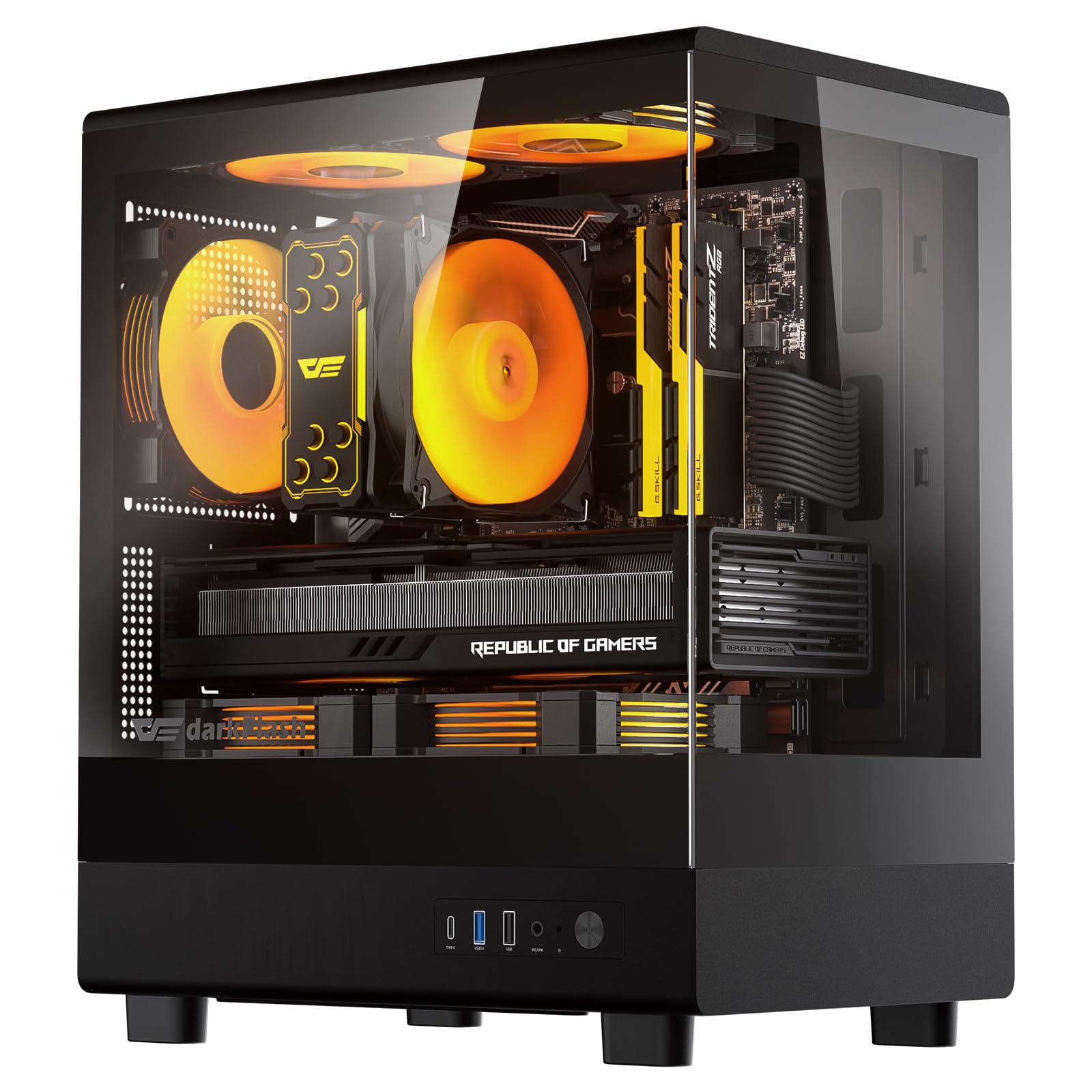 darkFlash DB330M Micro-ATX Gaming PC Case, 270° Panoramic Dual Tempered Glass, 3× Pre-Installed PWM ARGB Fans, Vertical Airflow Design, Type-C Front I/O, Supports up to 240mm AIO, Black