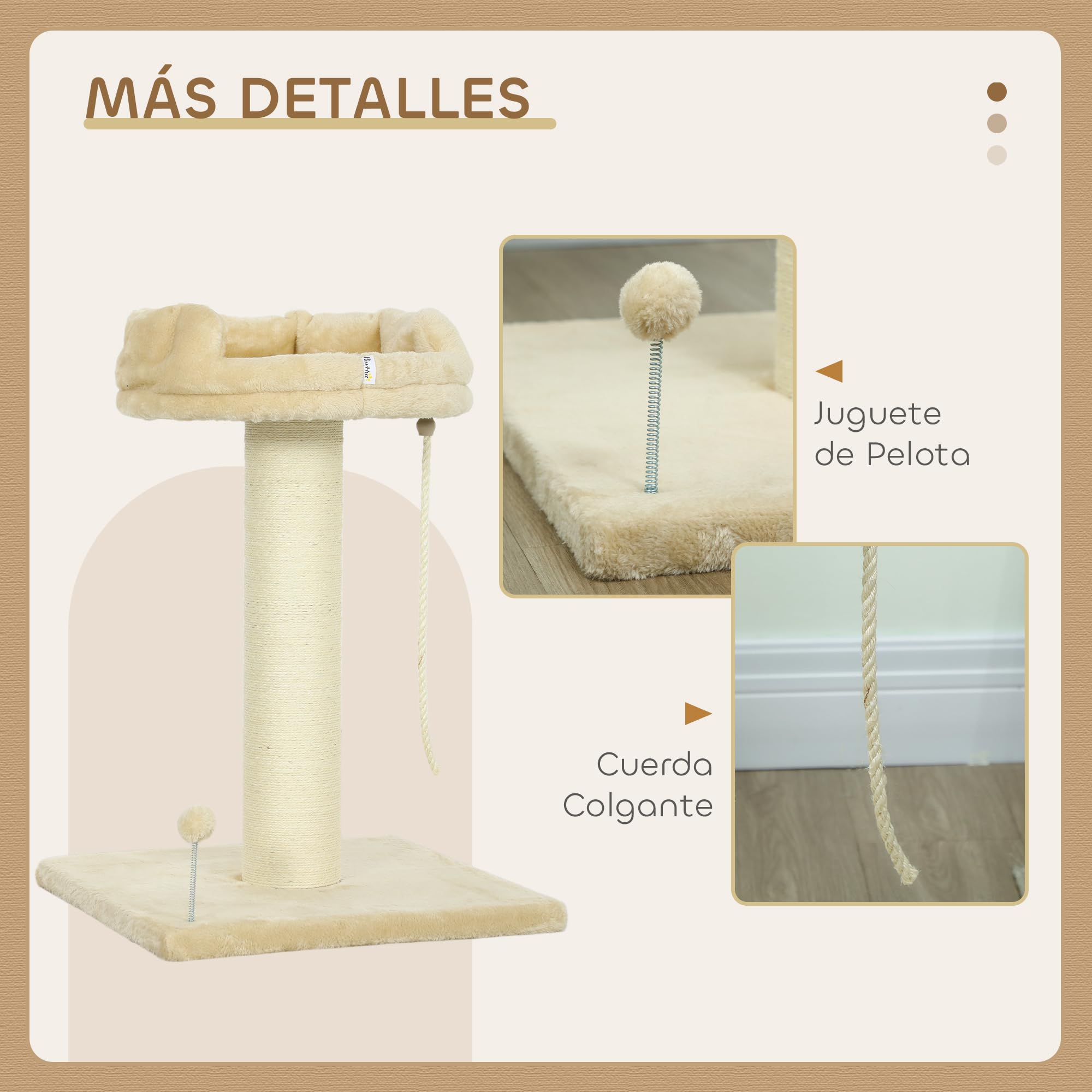 PawHut Árbol Rascador para Gatos Mini de 2 Niveles 55x55x83 cm Beige | Mini Árbol para Gatos, Plataforma, Bola con Muelle, Cuerda Colgante, Poste de Sisal