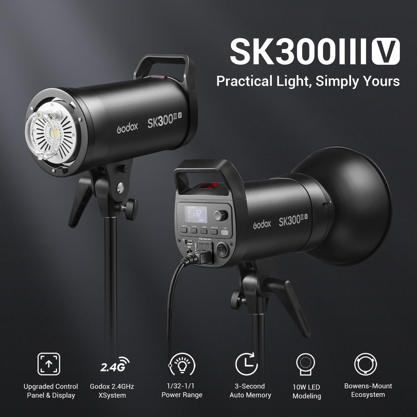 GODOX SK300III-V Flash de Studio, SK300IIIV 300Ws GN58 Strobe Light avec Lampe Modèle 10W, Temps de Recyclage de 0,1s a 1,5s, Bowens Mount, Système X sans Fil 2.4G