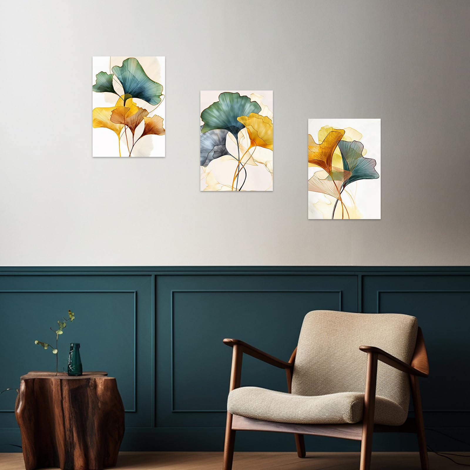 ZXHYWYM Abstract Leaves Wall Art 3 Pieces Ginkgo Pictures Tropical Plants Canvas Prints Botanical Floral Painting Green and Yellow Wall Decor Framed (C - Image 4
