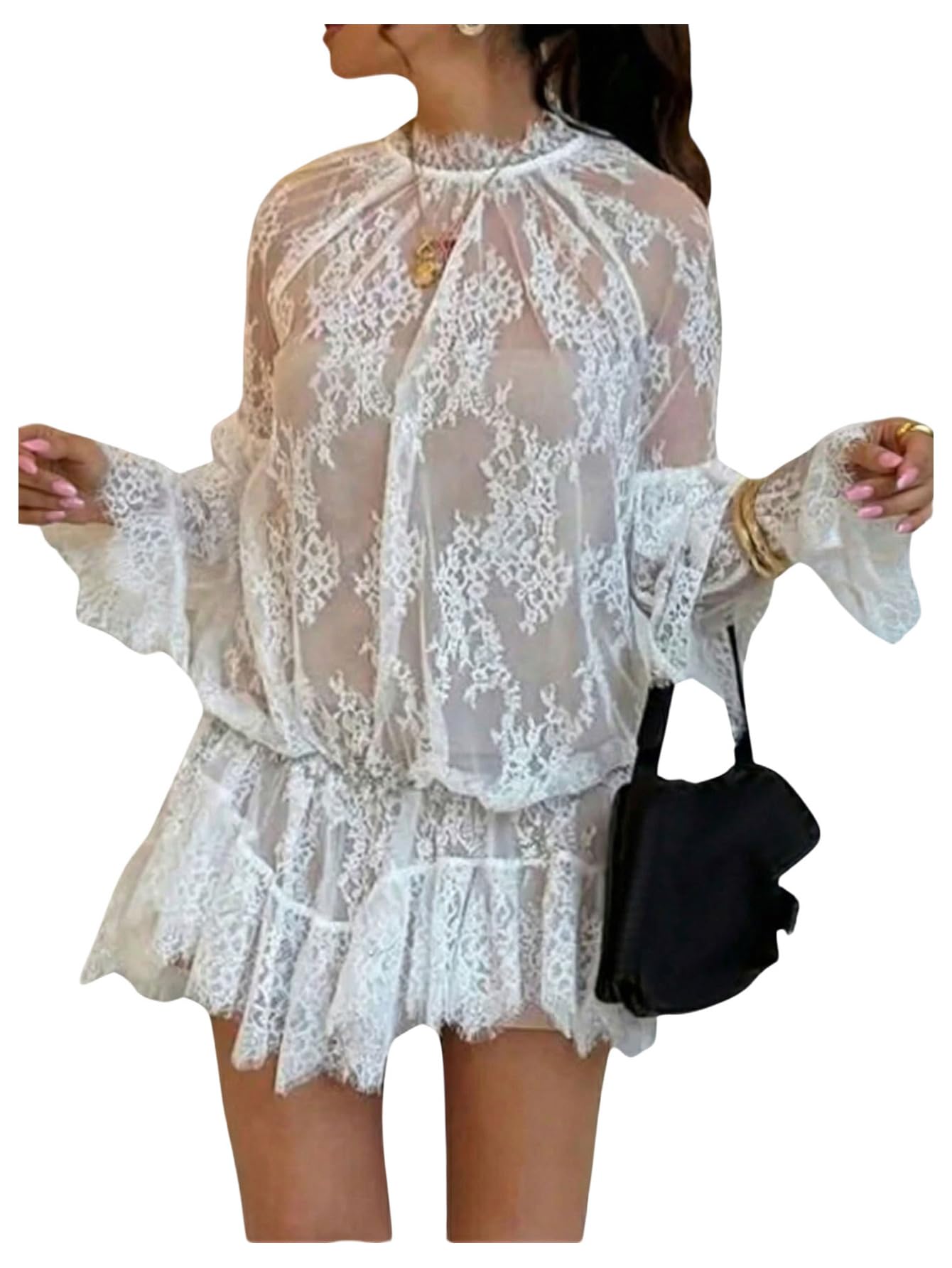 GORGLITTER Women's Sheer Lace Overlay Dress See Through Ruffle Long Sleeve Short Dresses Sexy Going Out Outfits