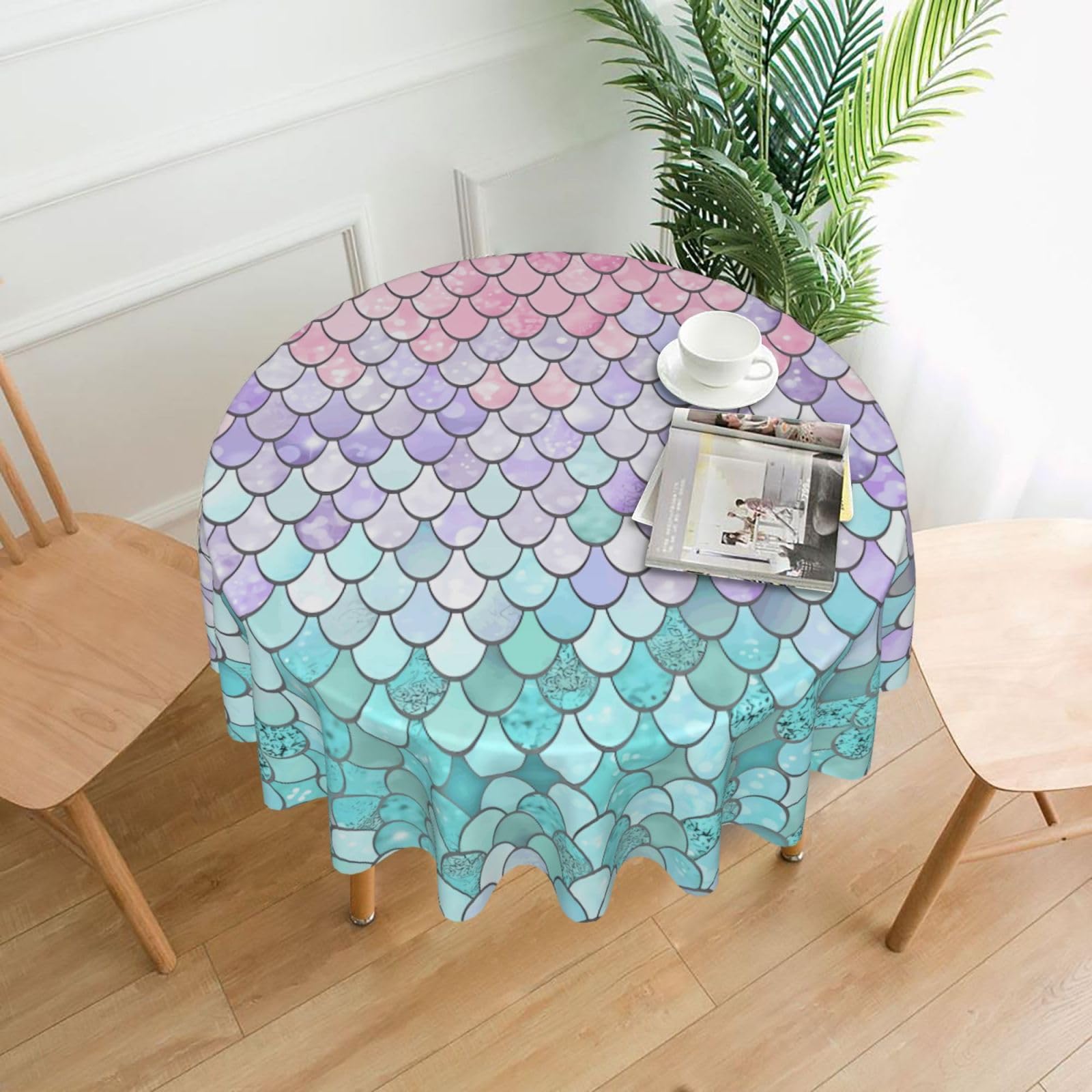 YYHHAOFA Mermaid Pink Purple Prints 60in Round Decorative Tablecloth – High-Grade Polyester Throw Cover for Dining, Parties, and Outdoor Events