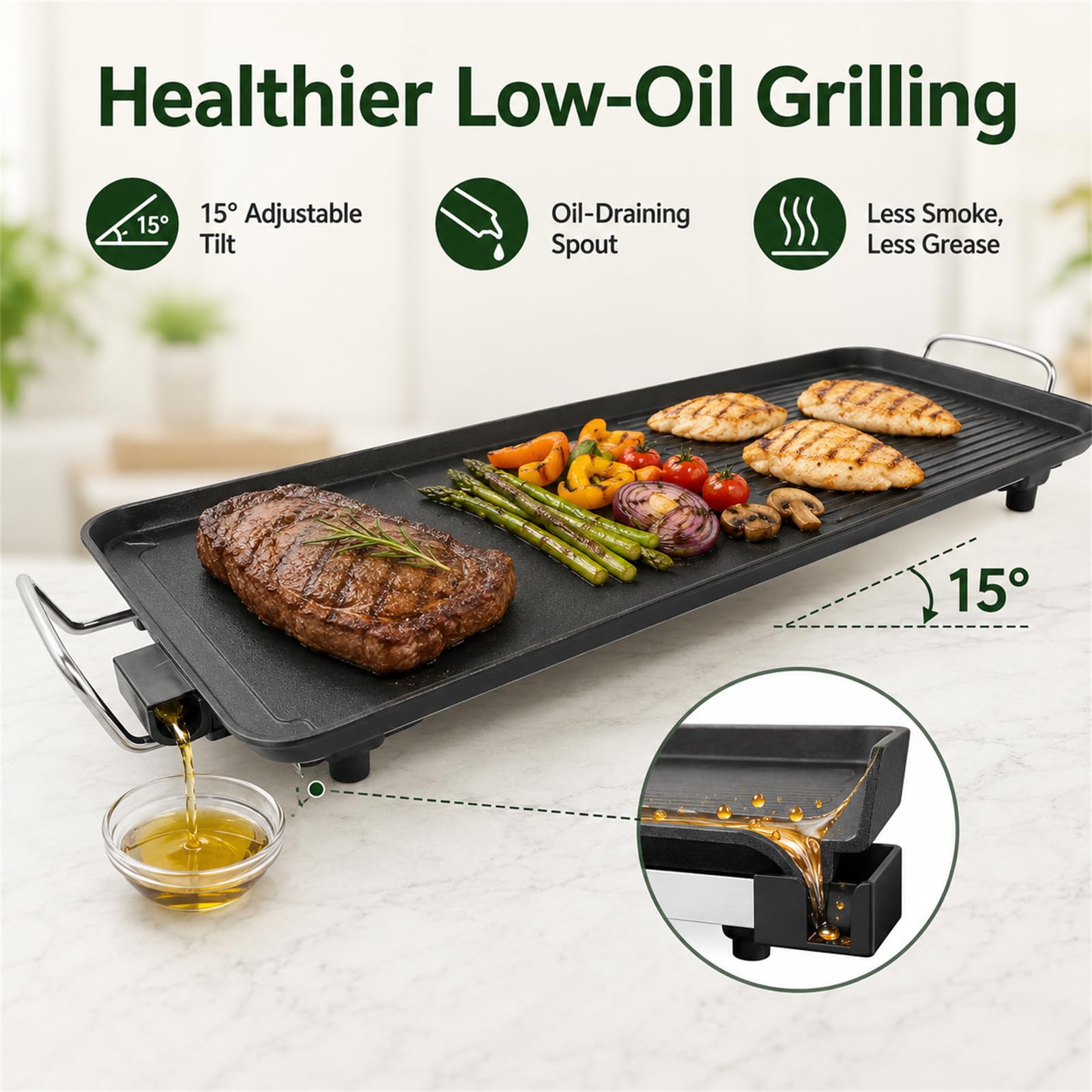 Teppanyaki - Griglia elettrica da tavolo con rivestimento antiaderente, superficie extra grande con beccuccio di raccolta dell'olio, per 1-6 persone, per esterni, campeggio, cortile, 68 x 28 cm