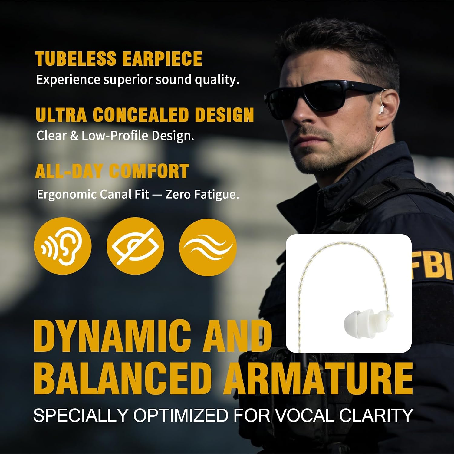 3.5mm Police Listen Only Earpiece, Covert High Definition, Single Ear, Low Profile Durable Cabling, Coiled Cord