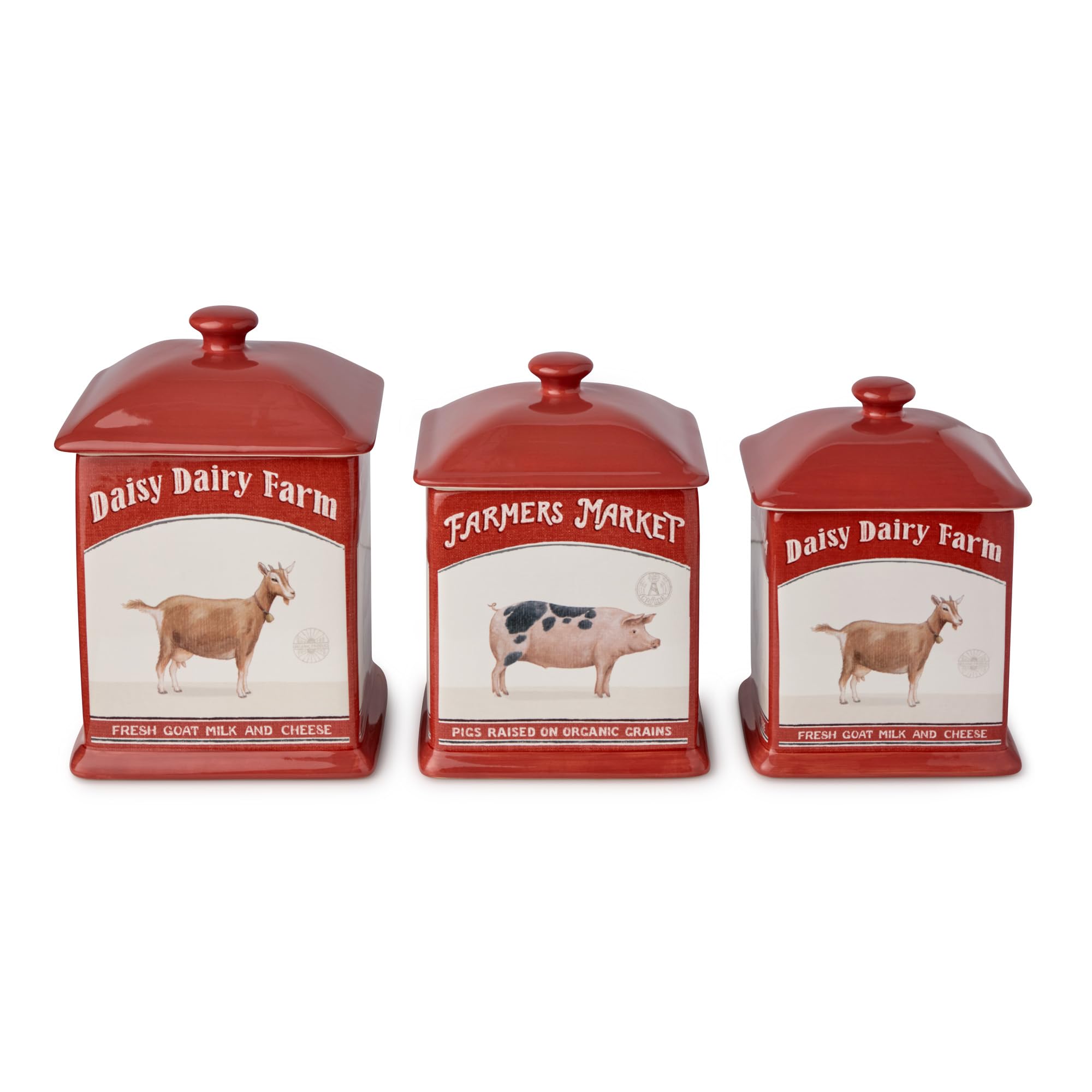 Quadratisches Behälter-Set im Vintage-Stil, 3-teilig, inklusive 1,5 l, 2,5 l und 2,5 l Größen, Bauernmarkt-Design mit Bauernhoftieren, langlebige Keramik, rustikale Bauernhaus-Küchenaufbewahrung für