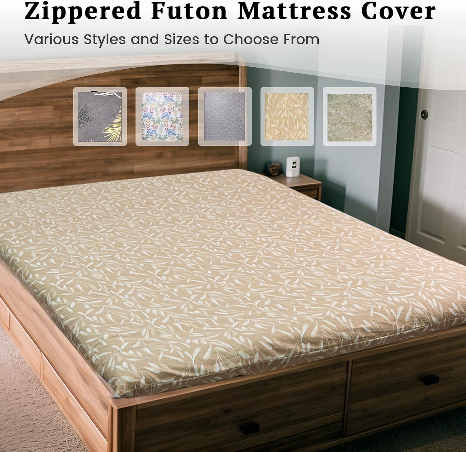 ZonLi Japanese Floor Futon Mattress Twin Size 39"x 80"(Khaki),with Futon Mattress Cover 43'' x 84'' Twin Size(Beige Leaves)
