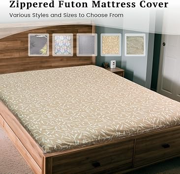 ZonLi 100% Cotton Futon Mattress Cover with Zipper Twin Size Washable | Super Soft Japanese Floor Tatami Sleeping Mat Protector, for Guest Room Dorm (43x84, Beige Leaves)