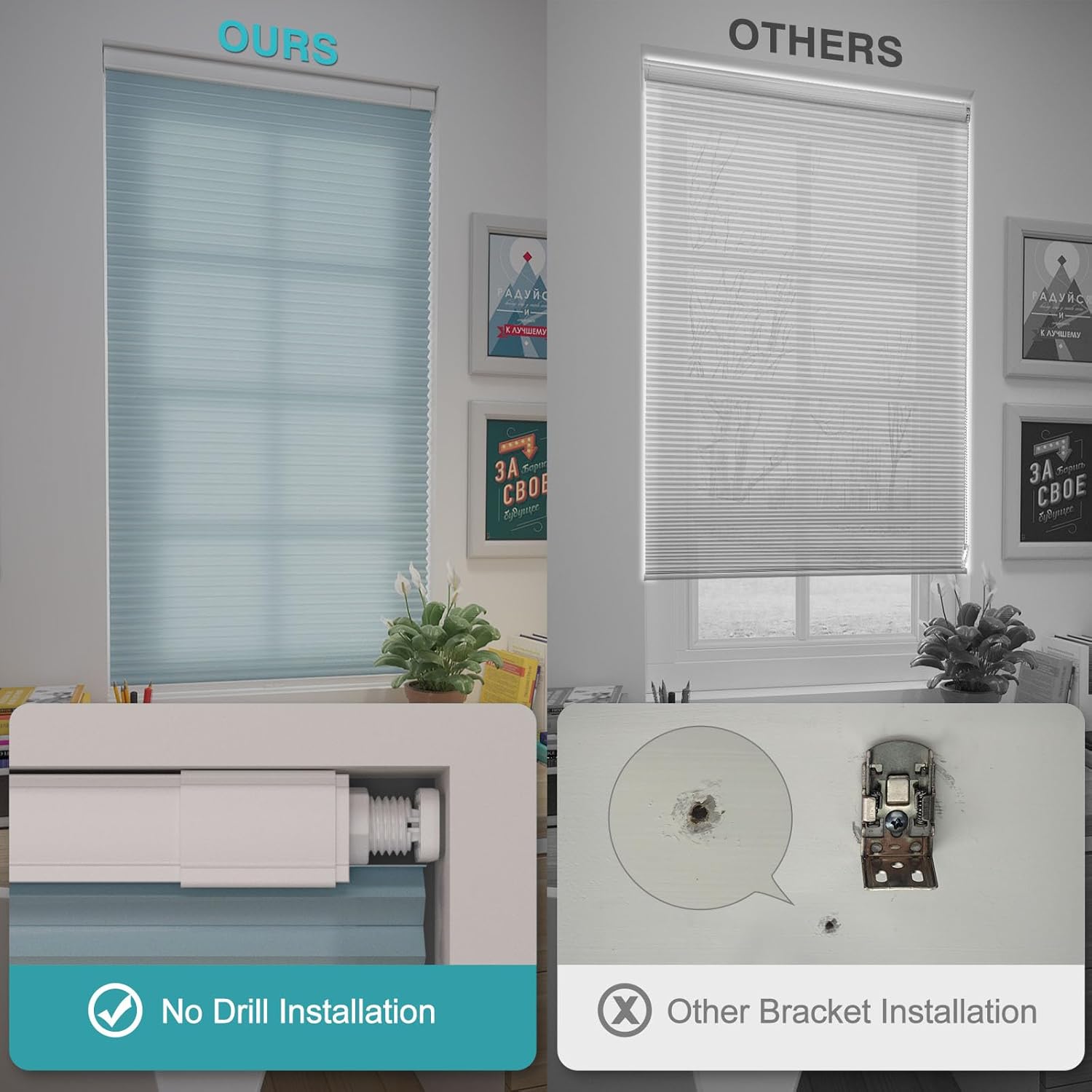 Changshade Custom No Drill No Tools Cordless Cellular Shades Light Filtering, 1.5” Honeycombs Blinds for Window, Room Darkening Cellular Shades, Thermal Insulated Blinds for Indoor Windows, Blue