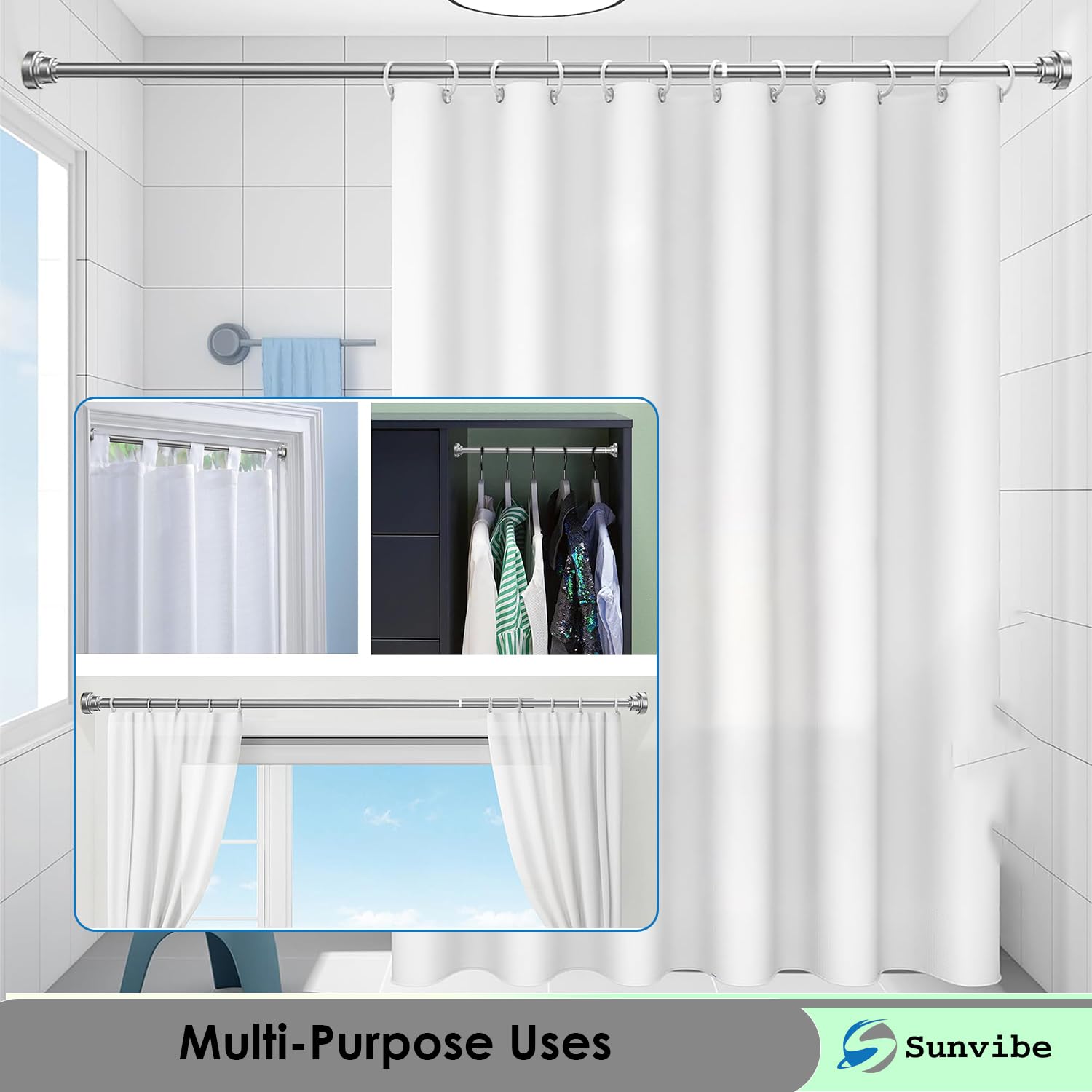 Extendable Shower Curtain Rod - No Drill, Stainless Steel -8 Extendable Shower Curtain Rod - No Drill, Stainless Steel -8
