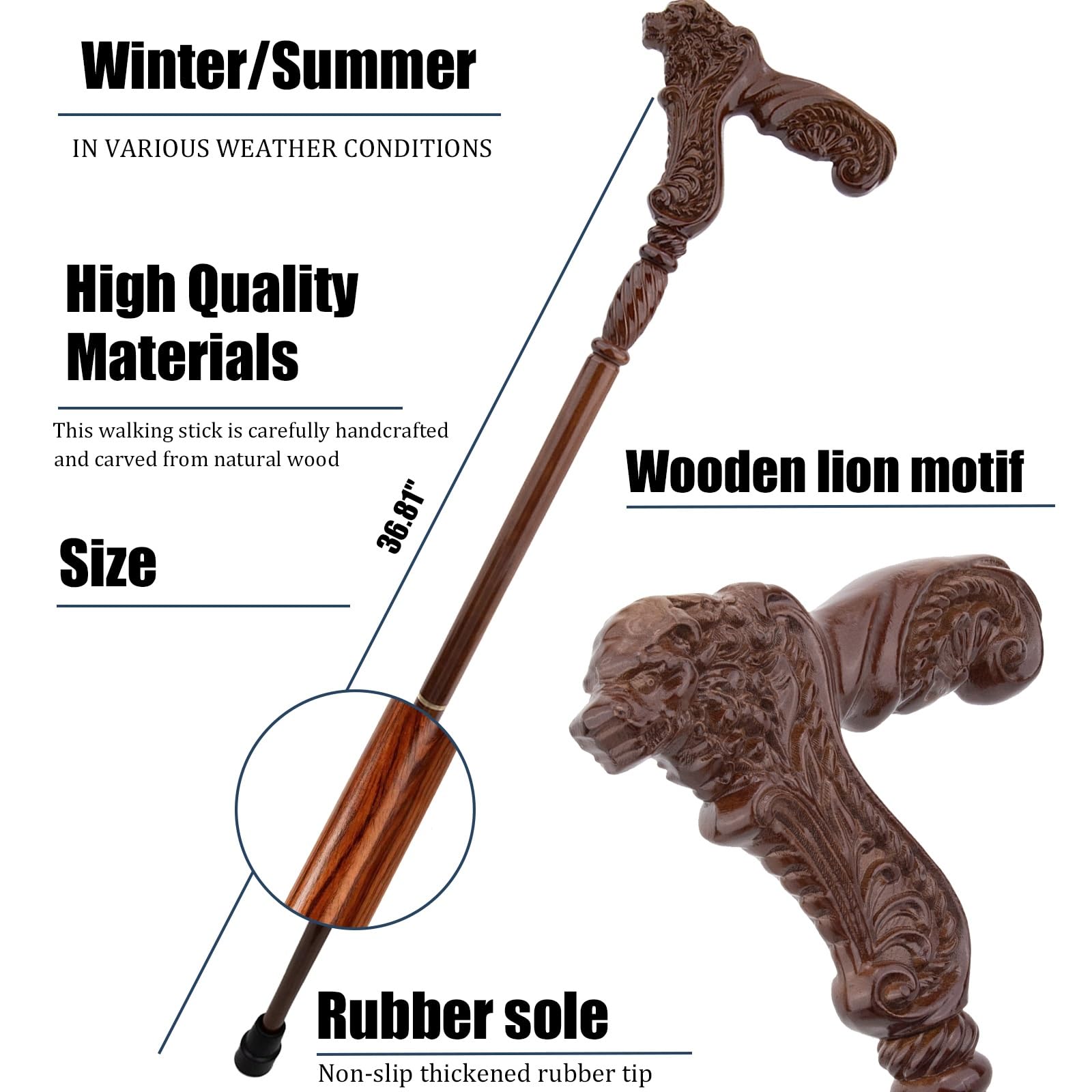 Bastoni da Passeggio con Motivo Leone In Legno, con Impugnatura Ergonomica e Punta In Gomma Antiscivolo, Bastone Decorativo di Lusso Cospaly per Uomo e Donna 93 Cm