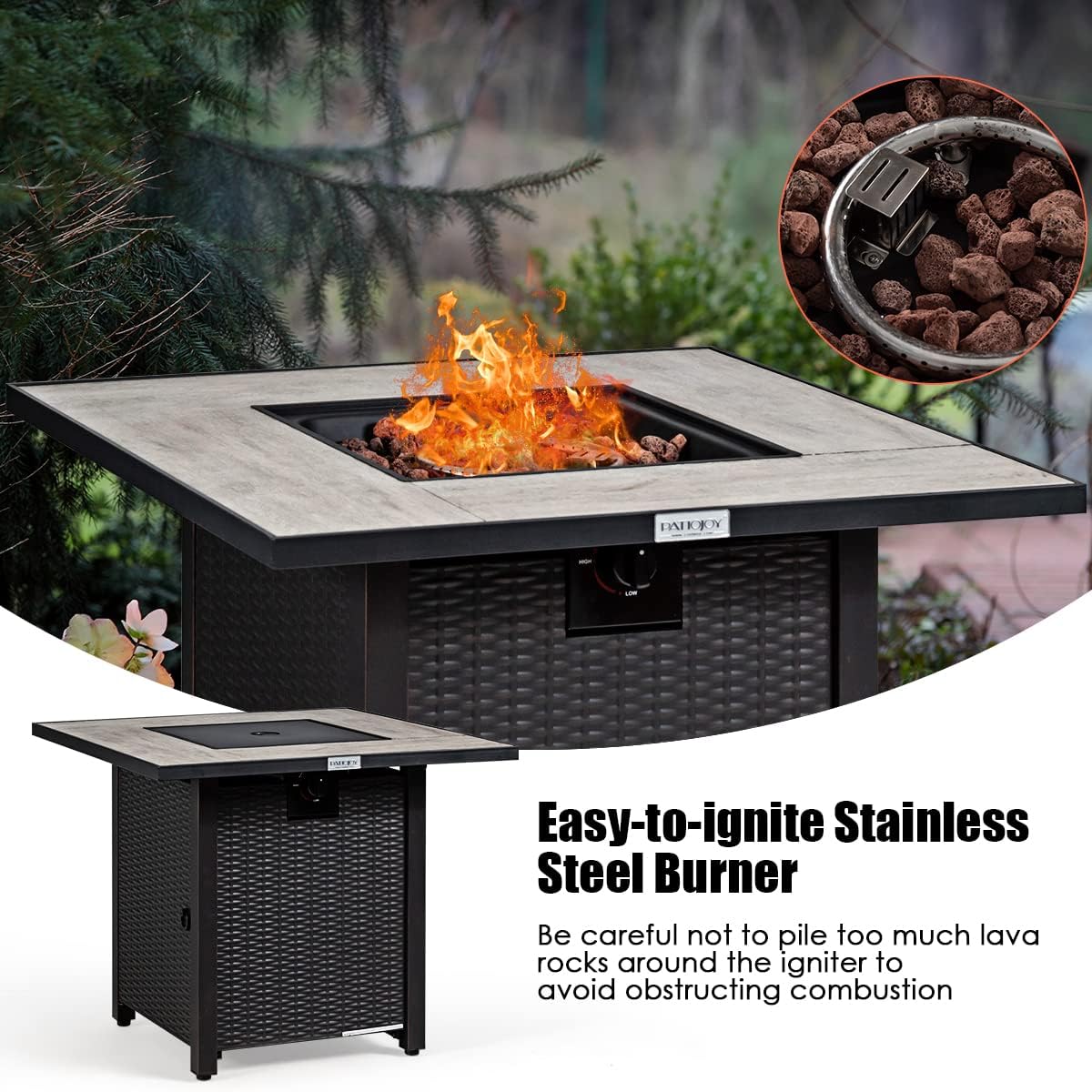 COSTWAY 30" Propane Gas Fire Table, Patio Square Fire Pit Table w/Stainless Steel Burner, 50,000 BTU Heat Output, Elegant Tile Tabletop, PVC Cover Perfect for Poolside, Backyard