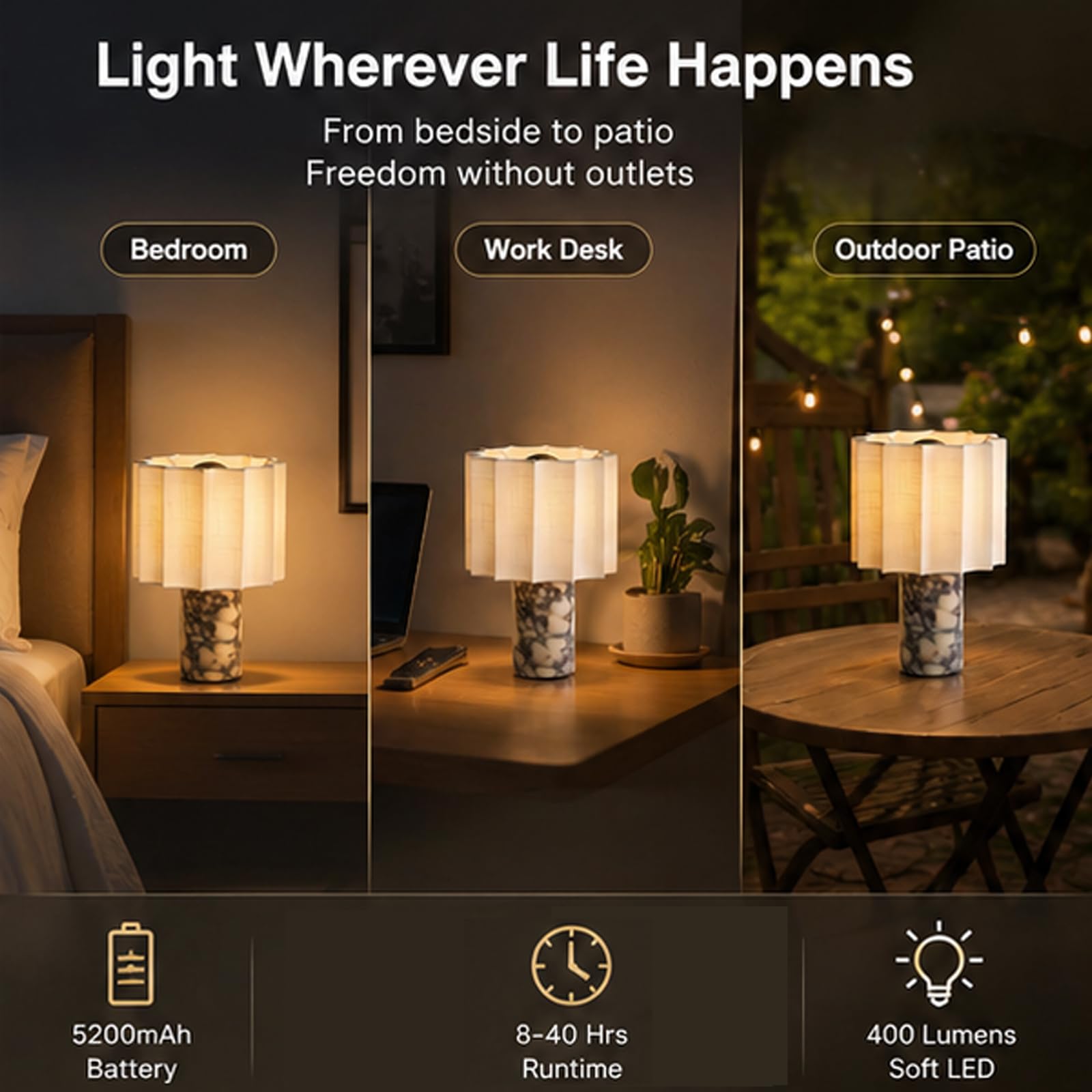 Touch Lampada da tavolo dimmerabile in marmo, luce notturna ricaricabile con luminosità a 3 velocità, paralume in tessuto per camera da letto, soggiorno, ufficio