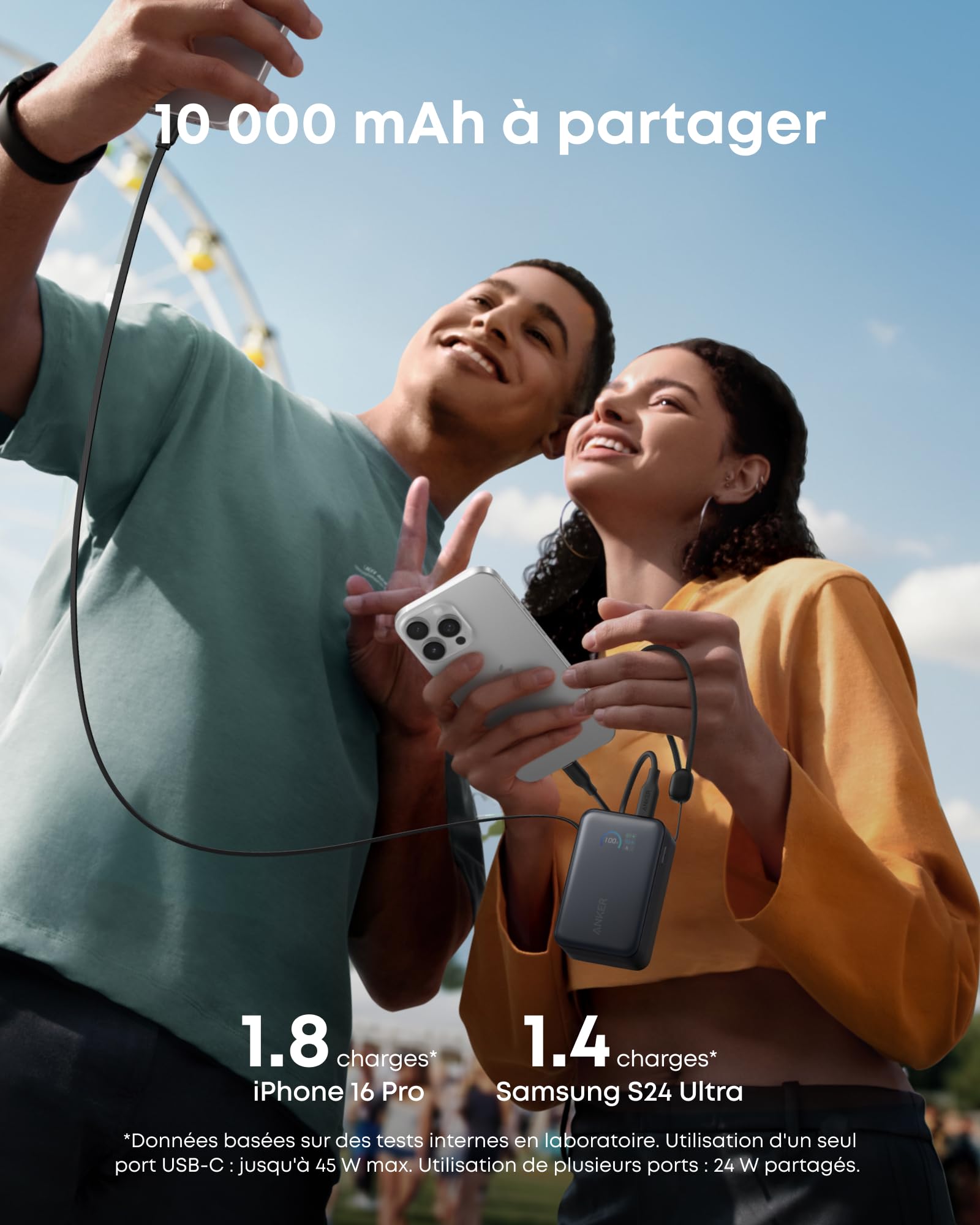 Anker Nano Batterie Externe 10000 mAh avec Câble Rétractable InstaCord 70 cm, Banque d’Alimentation Compacte 45 W Max Power Bank, Affichage Intelligent, pour iPhone 17 16 15, iPad, Galaxy, Pixel