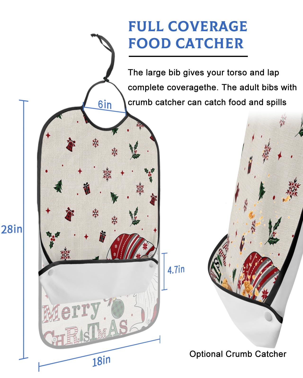 Christmas Adult Bib for Adults Men, Women, Washable & Adjustable Terry Cloth Bib with Crumb Catcher Reusable Waterproof Clothing Clothes Protector Apron Rustic Gnomes Country Plaid Checkered