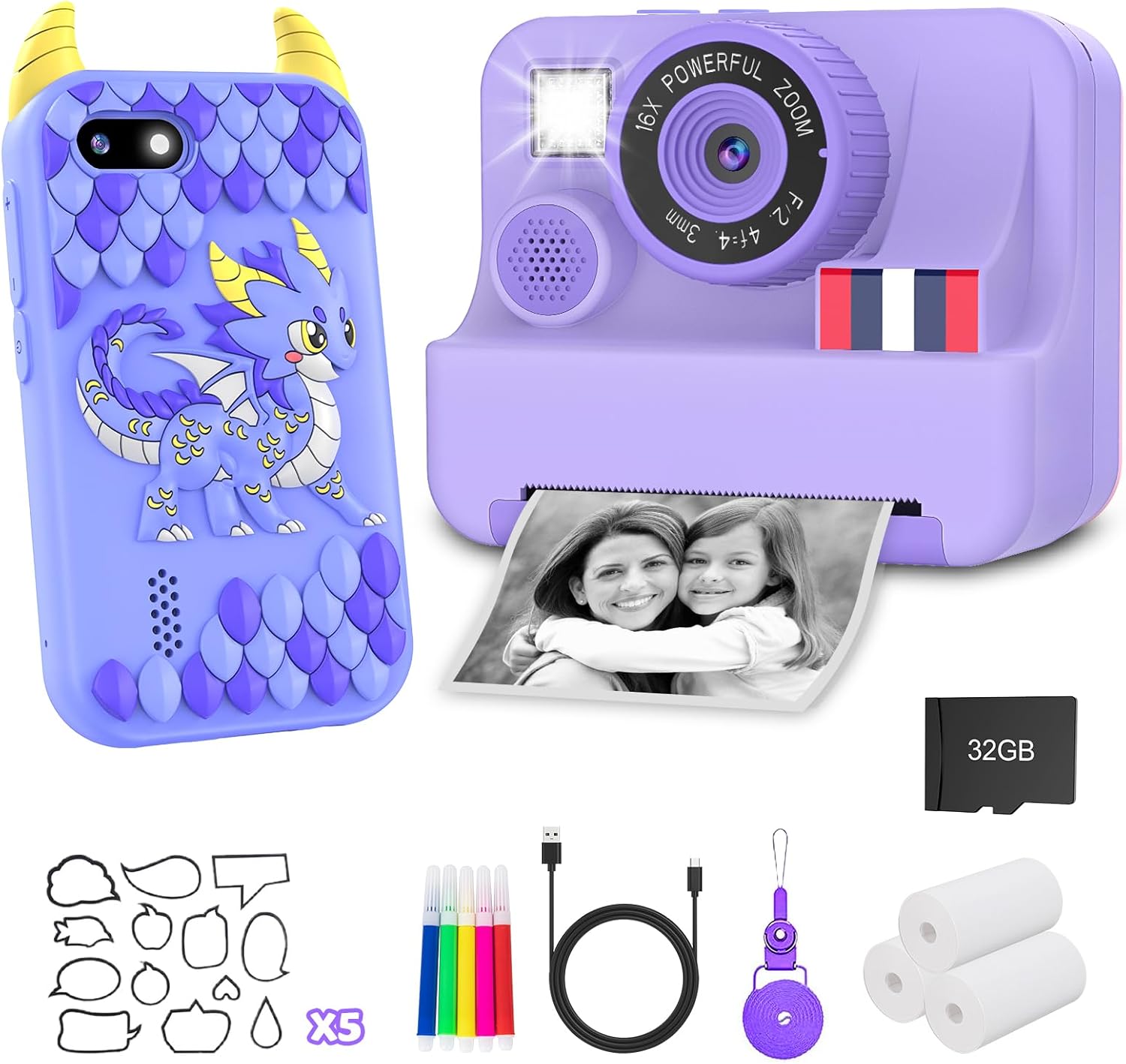 Blue Kids Phone and Purple Kids Camera Instant Print