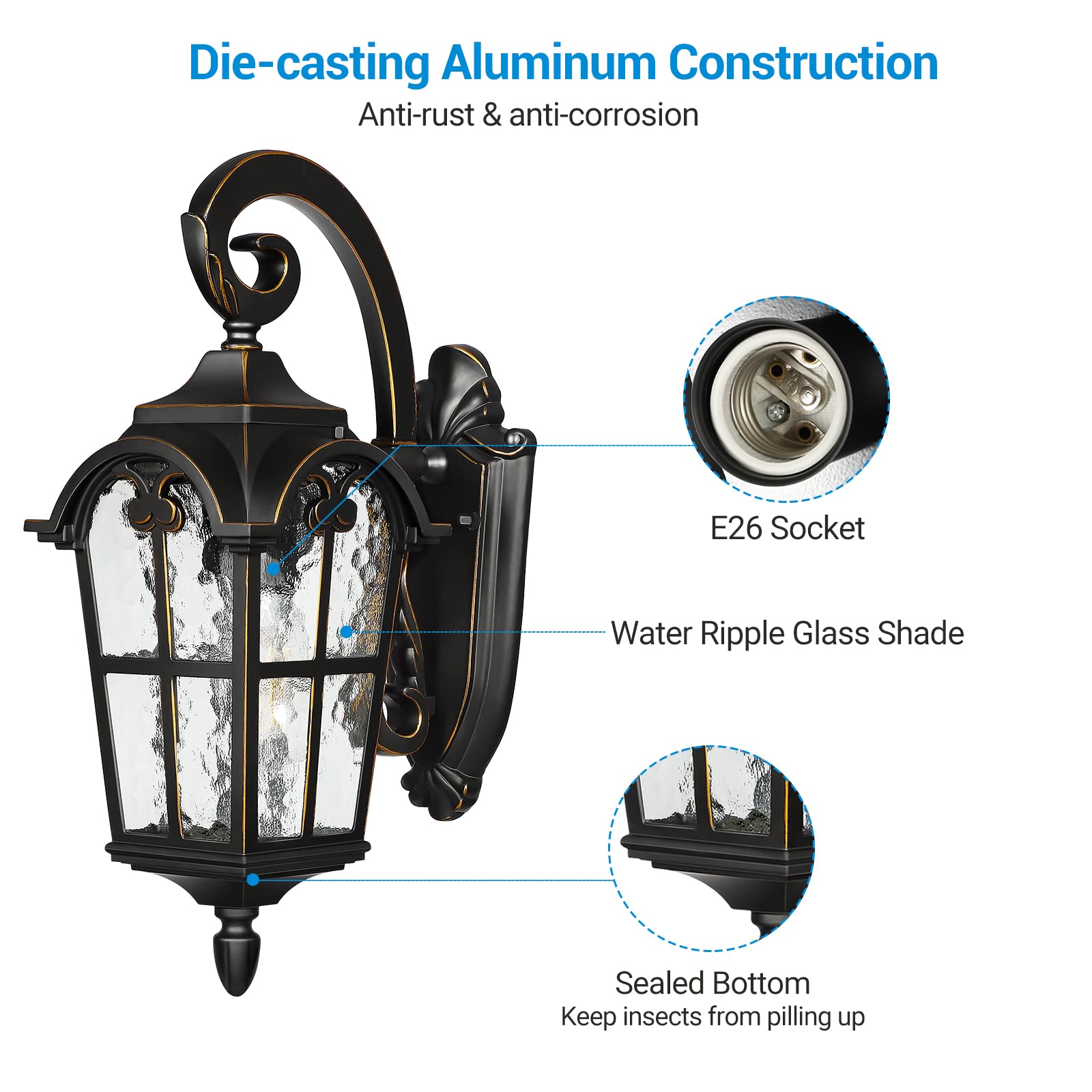 DEWENWILS Outdoor Wall Light Fixtures Wall Mount, Black Roman 17.7" H Exterior Wall Lantern, Anti-Rust & Waterproof, Water Ripple Glass, Outside Wall Sconce Porch Light for House, Garage, ETL Listed