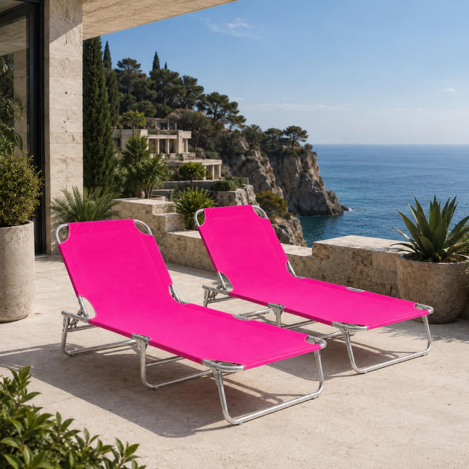 Set Di Lettini Pieghevoli Prendisole Senza Tettuccio Parasole Schienale Reclinabile Regolabile Struttura In Metallo Per Spiaggia Mare Giardino Piscina Rosa