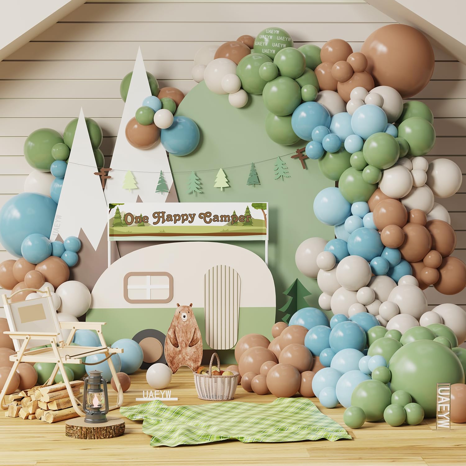 145Pcs One Happy Camper Balloon Arch Kit - Earthy Green Brown & Sky Blue Balloons with 3D Forest Tree Bear Accents for Kids 1st Birthday Baby Shower Decor