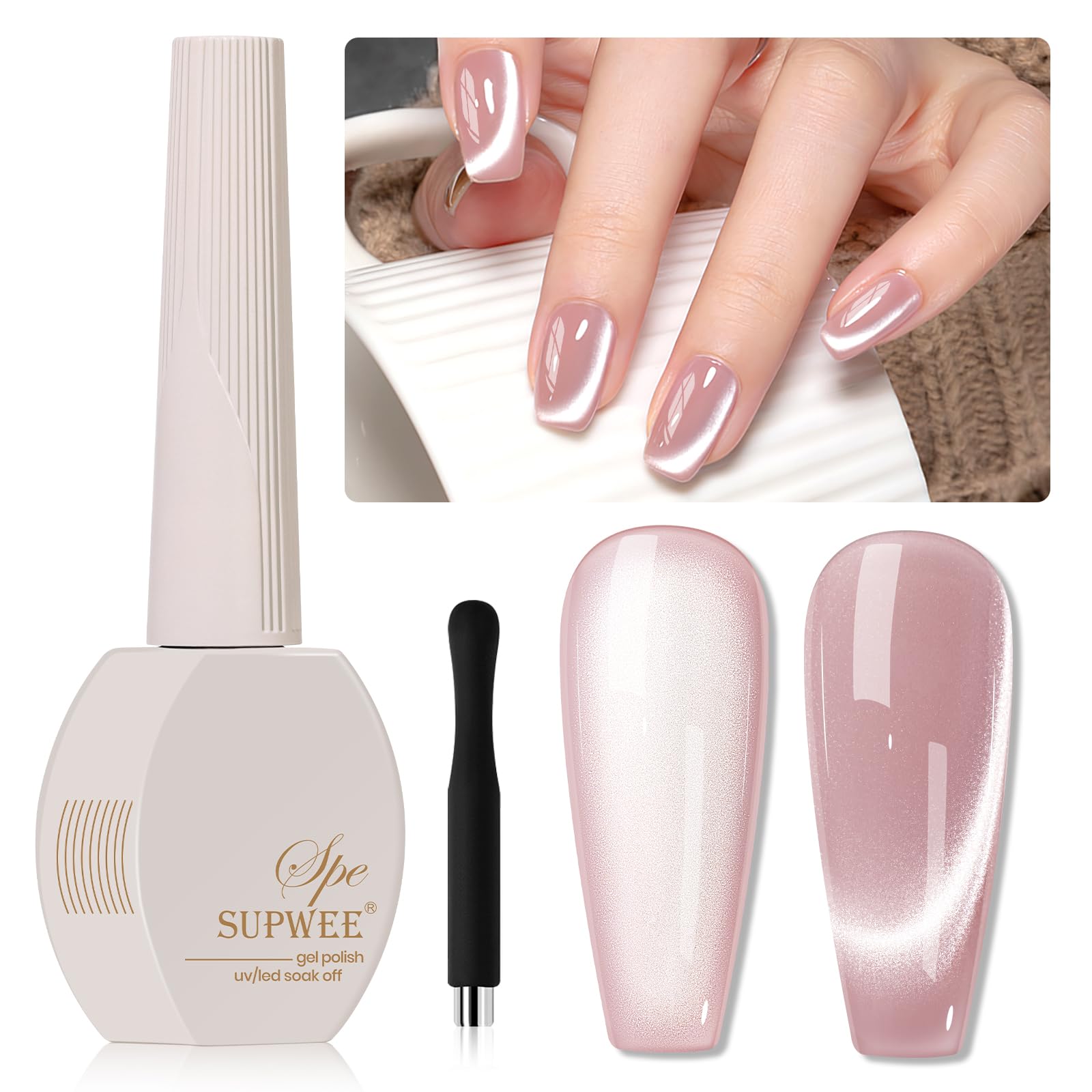 SUPWEE Pink Cat Eye Gel Nail Polish, 15ml Light Pink Jelly Glassy Gel Polish with Magnet Moonlight Shimmer Glitter Magnetic Nail Polish Soak Off U V Salon DIY at Home
