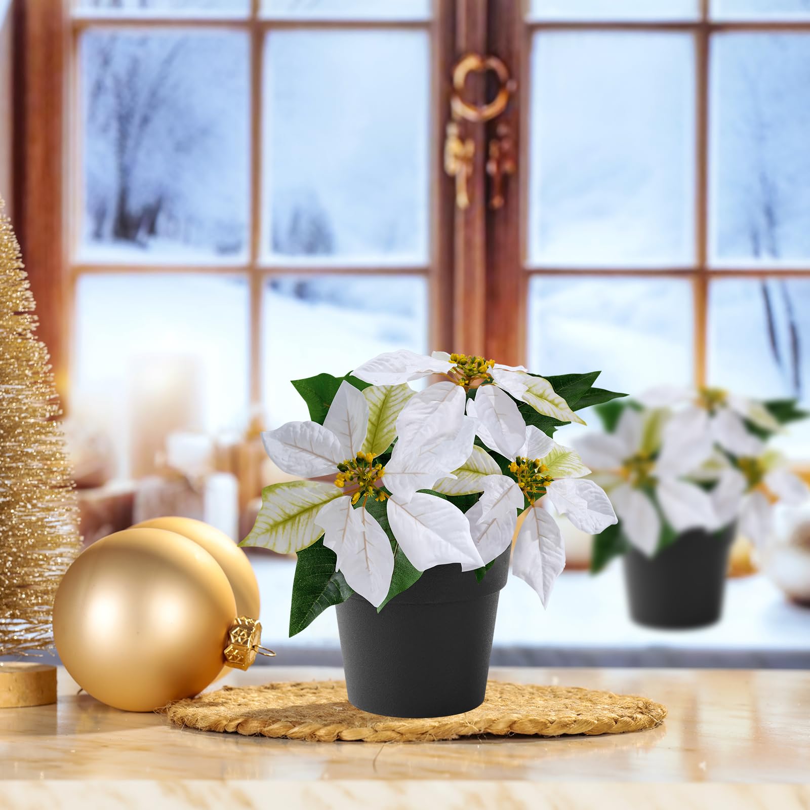 Künstliche Weihnachtssterne, 2 Stück, kleine Weihnachtssterne, 22,9 cm, künstliche Winterblumen für Weihnachten, Ornament, Veranda, Haus, Garten, Dekorationen (cremefarben)